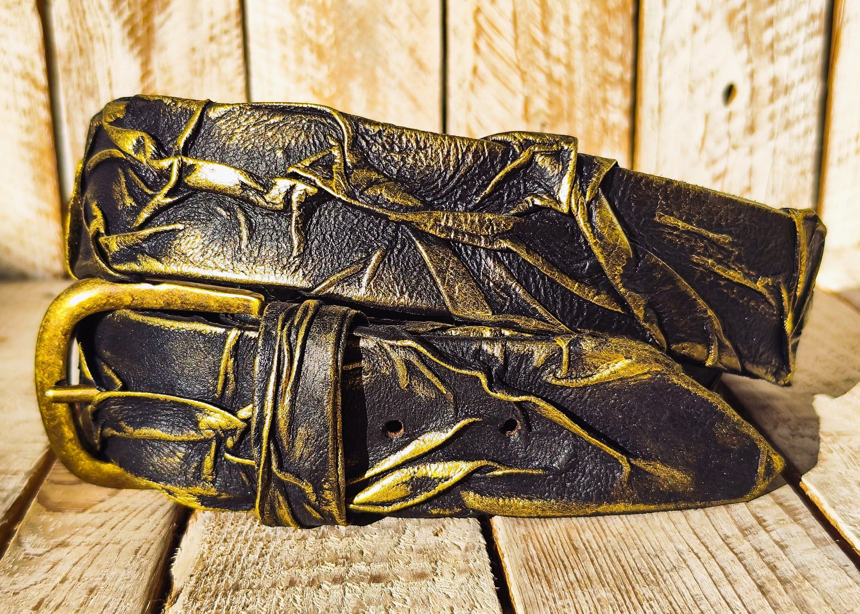 Unique Handmade 3D Leather Belt with Black Gold Accents - Artistic Fashion Accessory