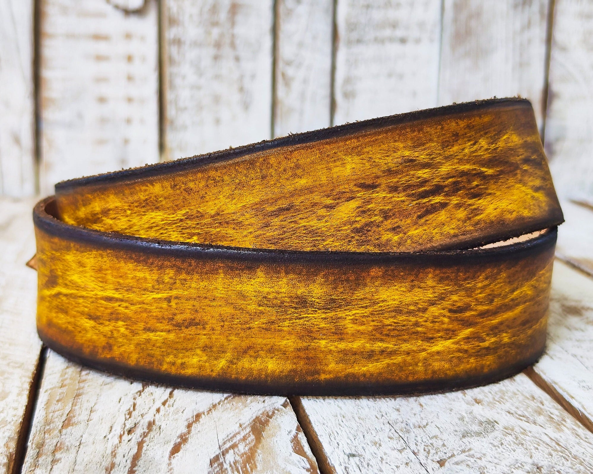 Handmade Distressed Leather Belt with Bronze Buckle - Perfect for Jeans YellowBrown 42 cm