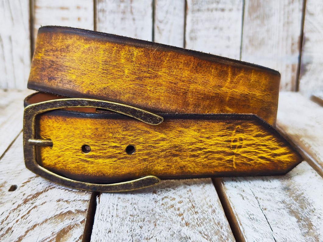 Handmade Distressed Leather Belt with Bronze Buckle - Perfect for Jeans YellowBrown 42 cm