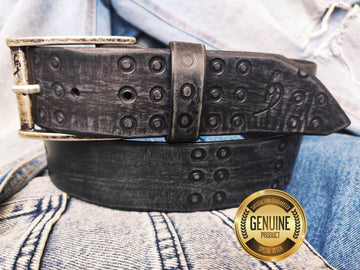 Ishaor Handmade Black leather belt embossed with RCA stunning and original belt with vintage finish from Genuine full grain leather