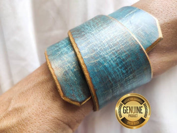 Turquoise Leather Wrap Bracelet - Handmade Boho Design for Women - Wide Unique - with Gold Zina Bracelet