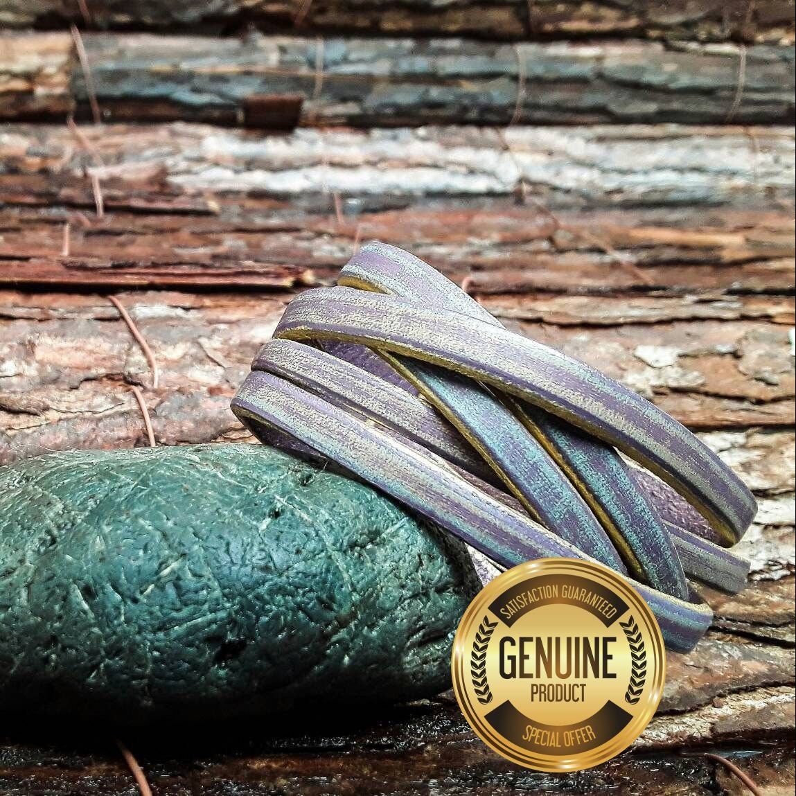 Genuine Leather Mens Bracelet - Purple Leather Cuff with Wrap Design