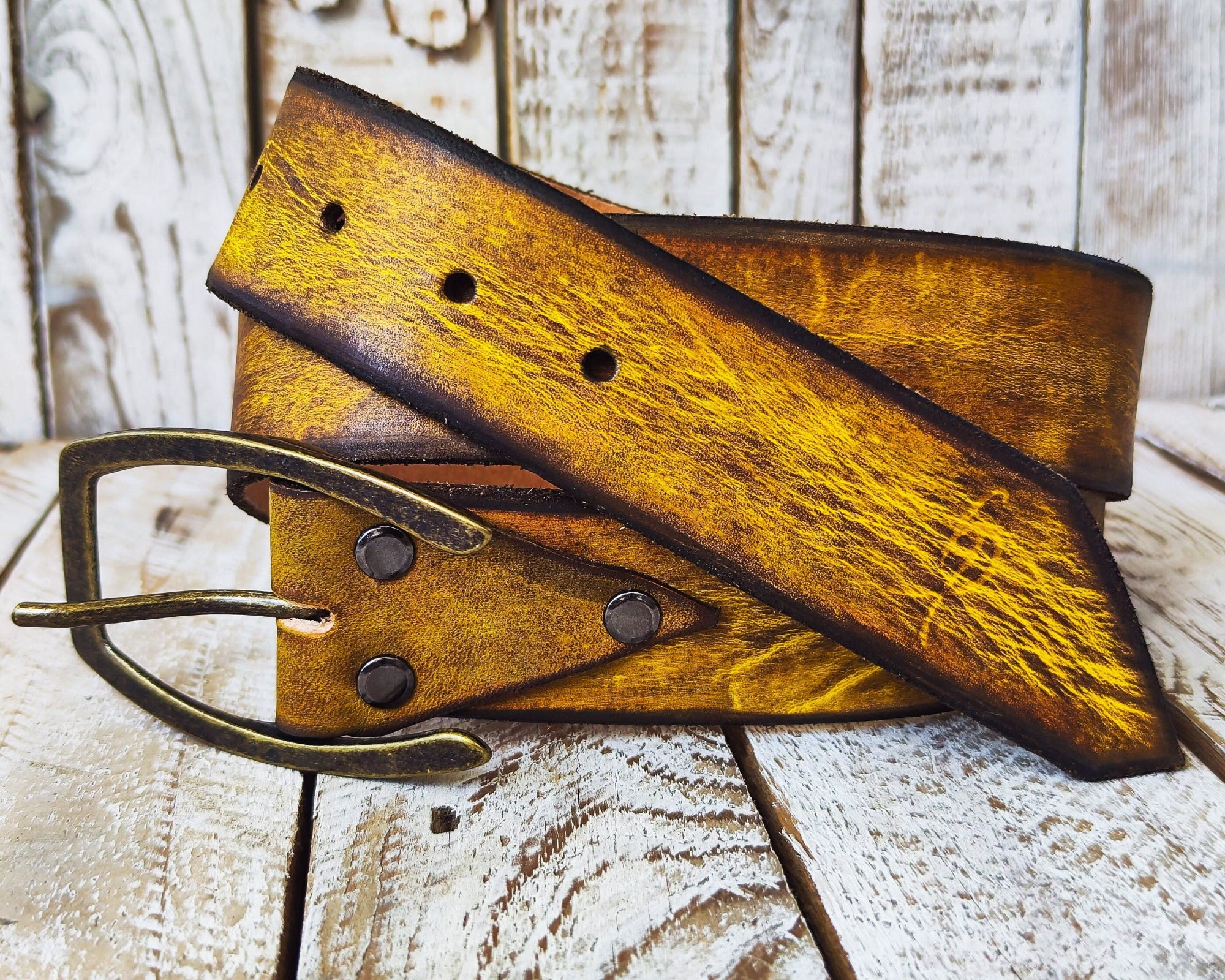 Handmade Distressed Leather Belt with Bronze Buckle - Perfect for Jeans YellowBrown 42 cm