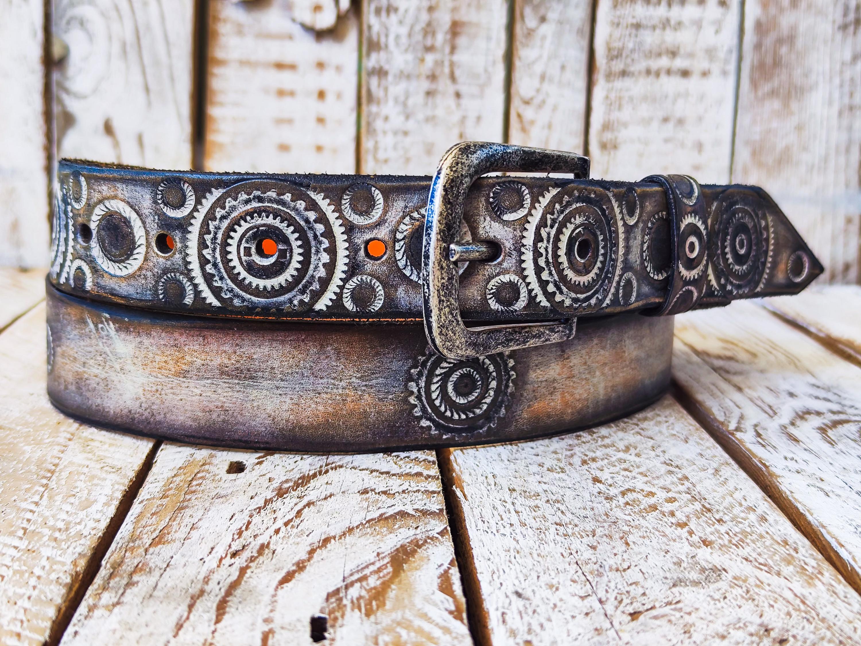 Handmade Leather Motorcycle Belt Rugged White Vintage Brown Wash with Gear Stamps Studs