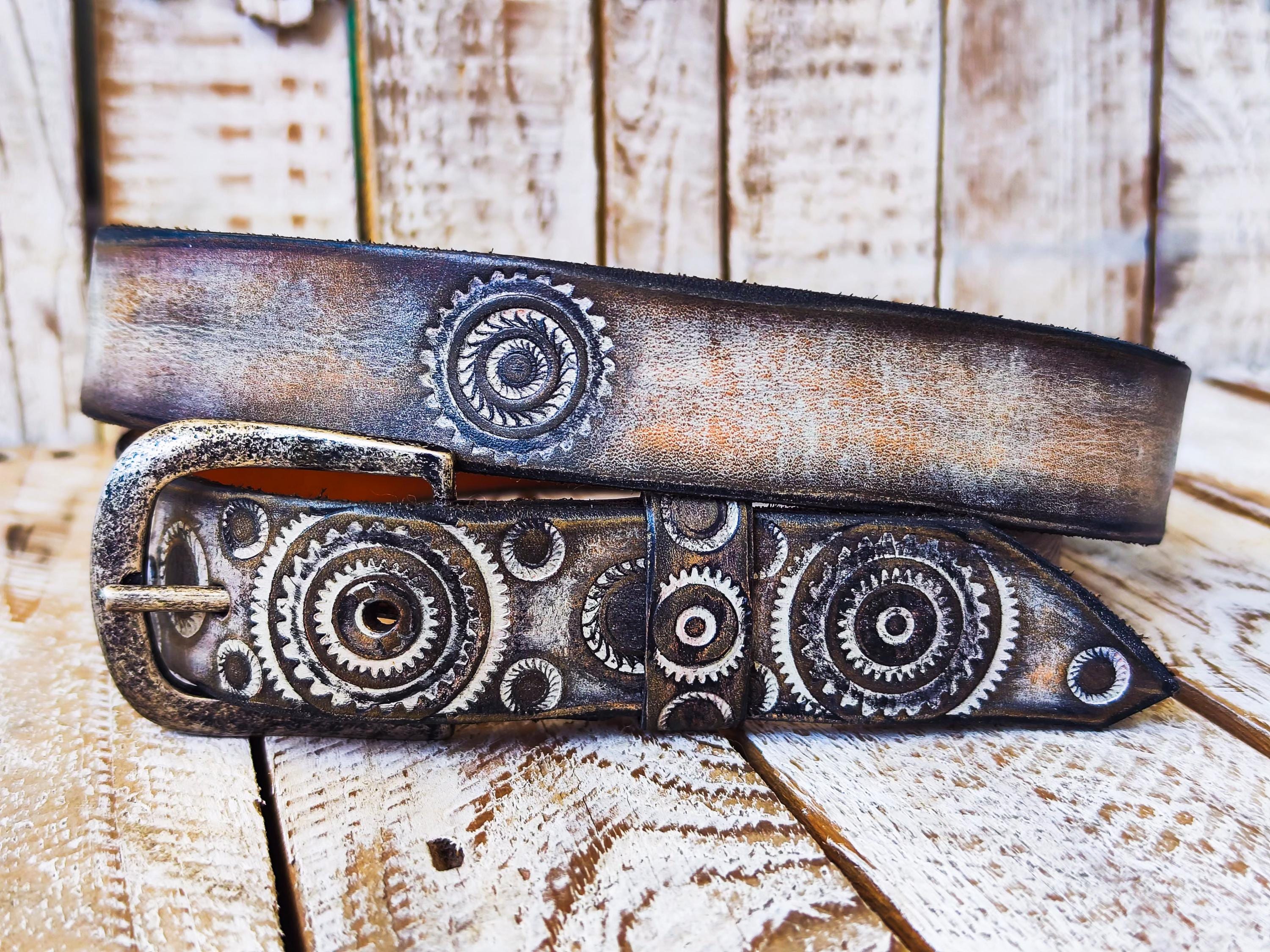 Handmade Leather Motorcycle Belt Rugged White Vintage Brown Wash with Gear Stamps Studs