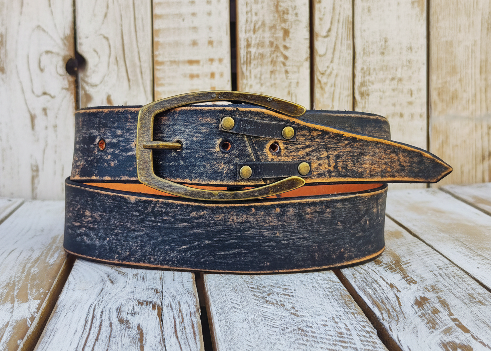 Distressed Vintage Black Handmade Leather Belt with Brown Edges, Unique Design with Rivets, Perfect for Rockers and Bikers by ISHAOR