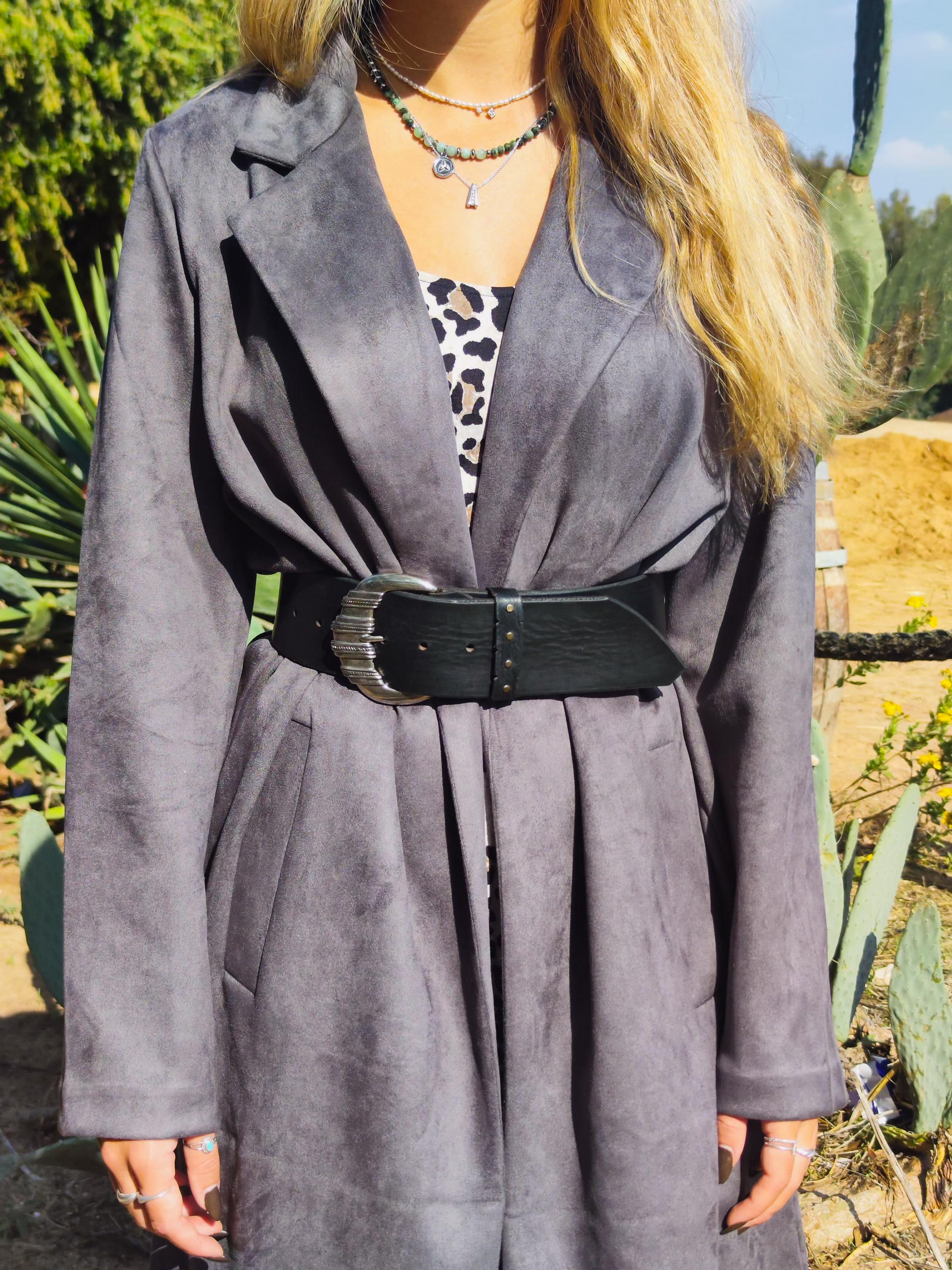 Handmade Black Leather Waist Belt with Silver Buckle β Wide 5.5cm Design with Studded Loop, Perfect for Dresses, Jackets, or Jeans