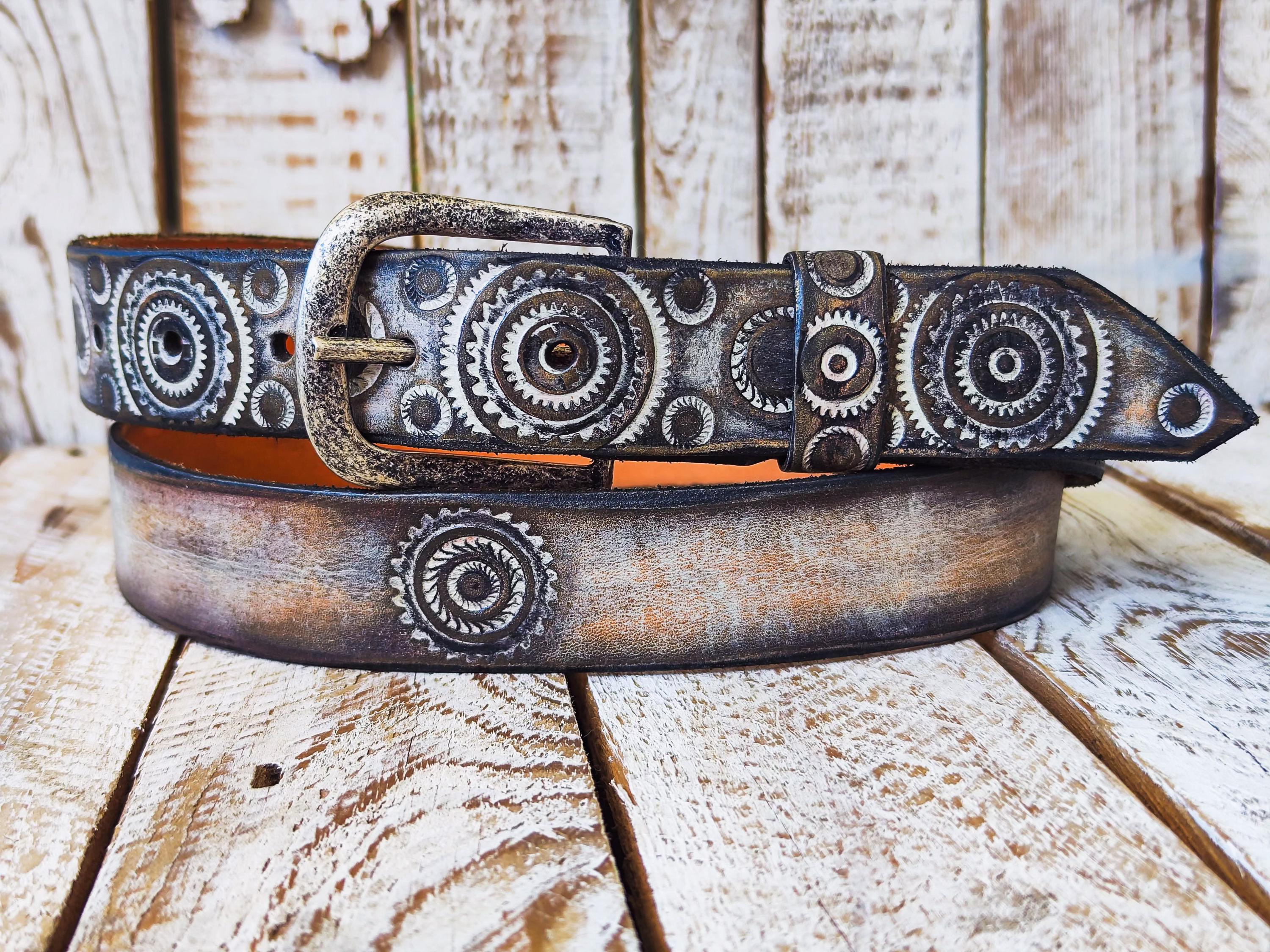 Handmade Leather Motorcycle Belt Rugged White Vintage Brown Wash with Gear Stamps Studs