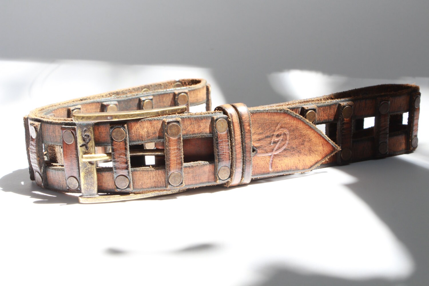 Vintage Brown Leather Mens Belt - Ishaor Buckle Custom Gift for Boyfriend