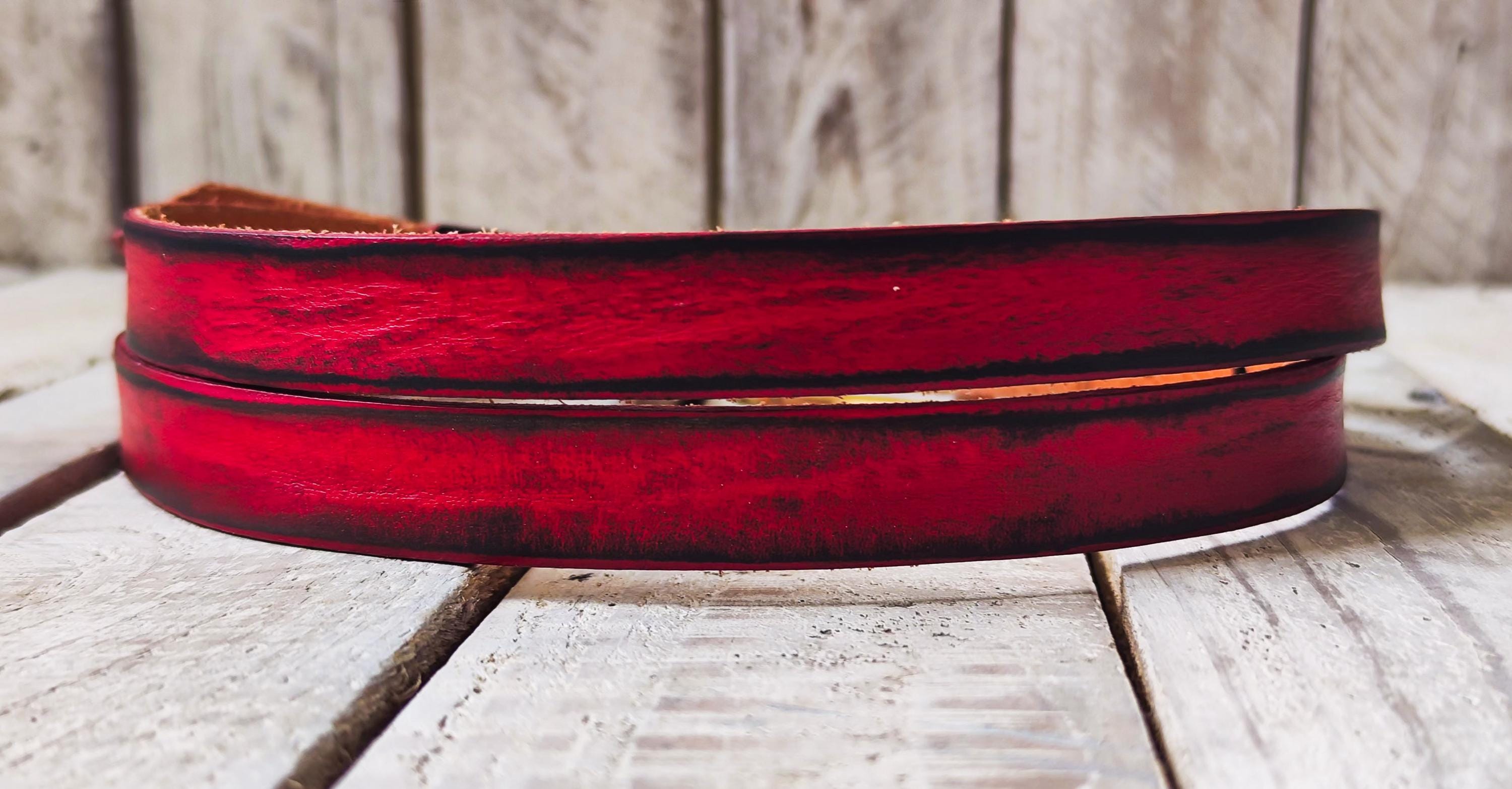 Thin Red Leather Belt for Women – Black Wash, Elegant Gold Buckle, Handmade Skinny Belt