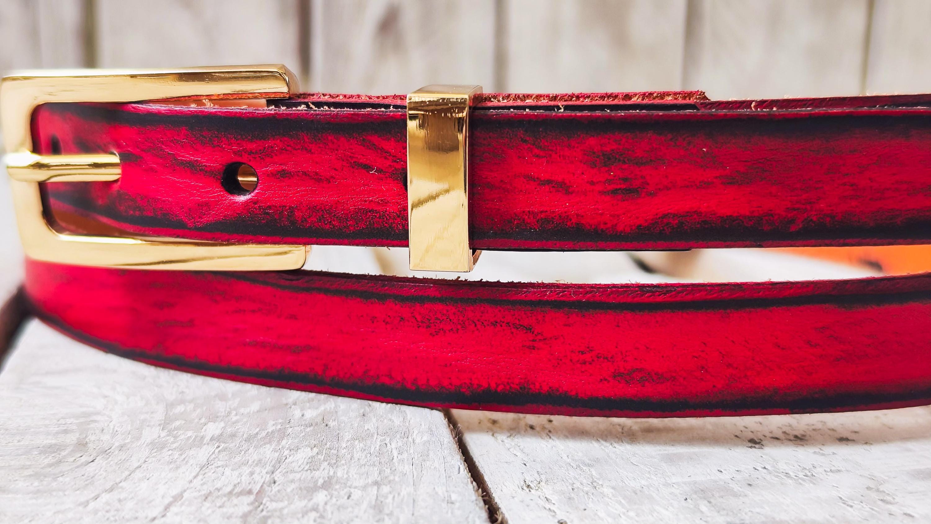 Thin Red Leather Belt for Women – Black Wash, Elegant Gold Buckle, Handmade Skinny Belt