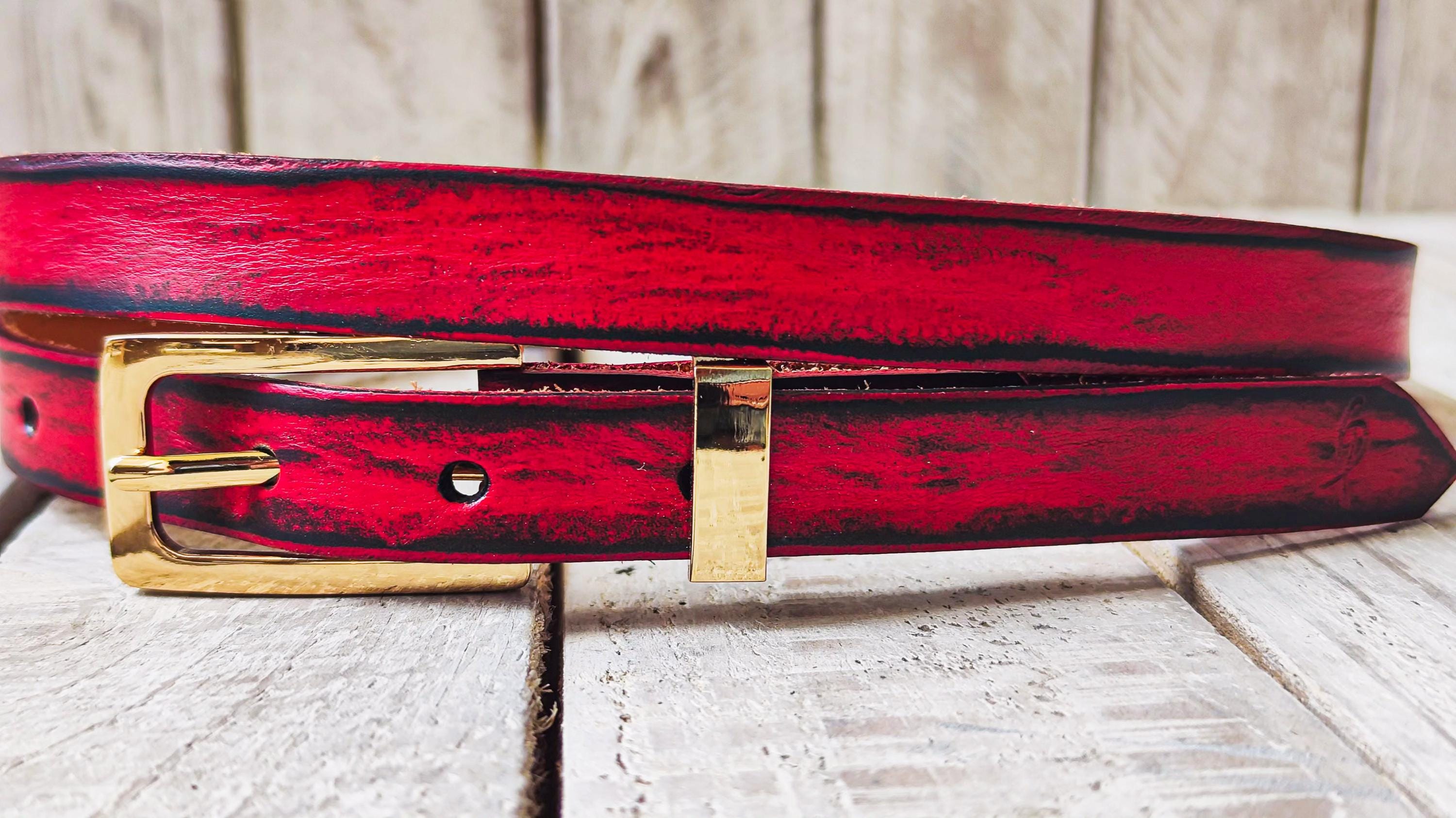 Thin Red Leather Belt for Women – Black Wash, Elegant Gold Buckle, Handmade Skinny Belt