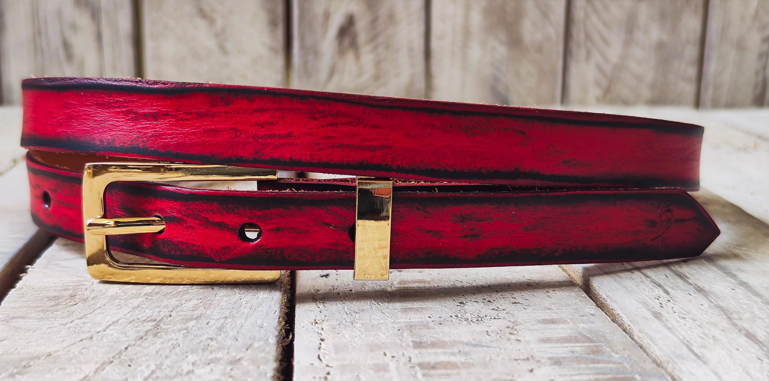 Thin Red Leather Belt for Women – Black Wash, Elegant Gold Buckle, Handmade Skinny Belt