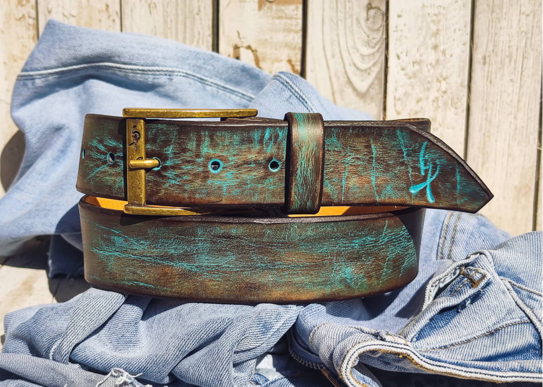 Distressed Turquoise Leather Belt - Personalized Statement Piece for Jeans - Rough Finish Stunning Design - Perfect Gift Option