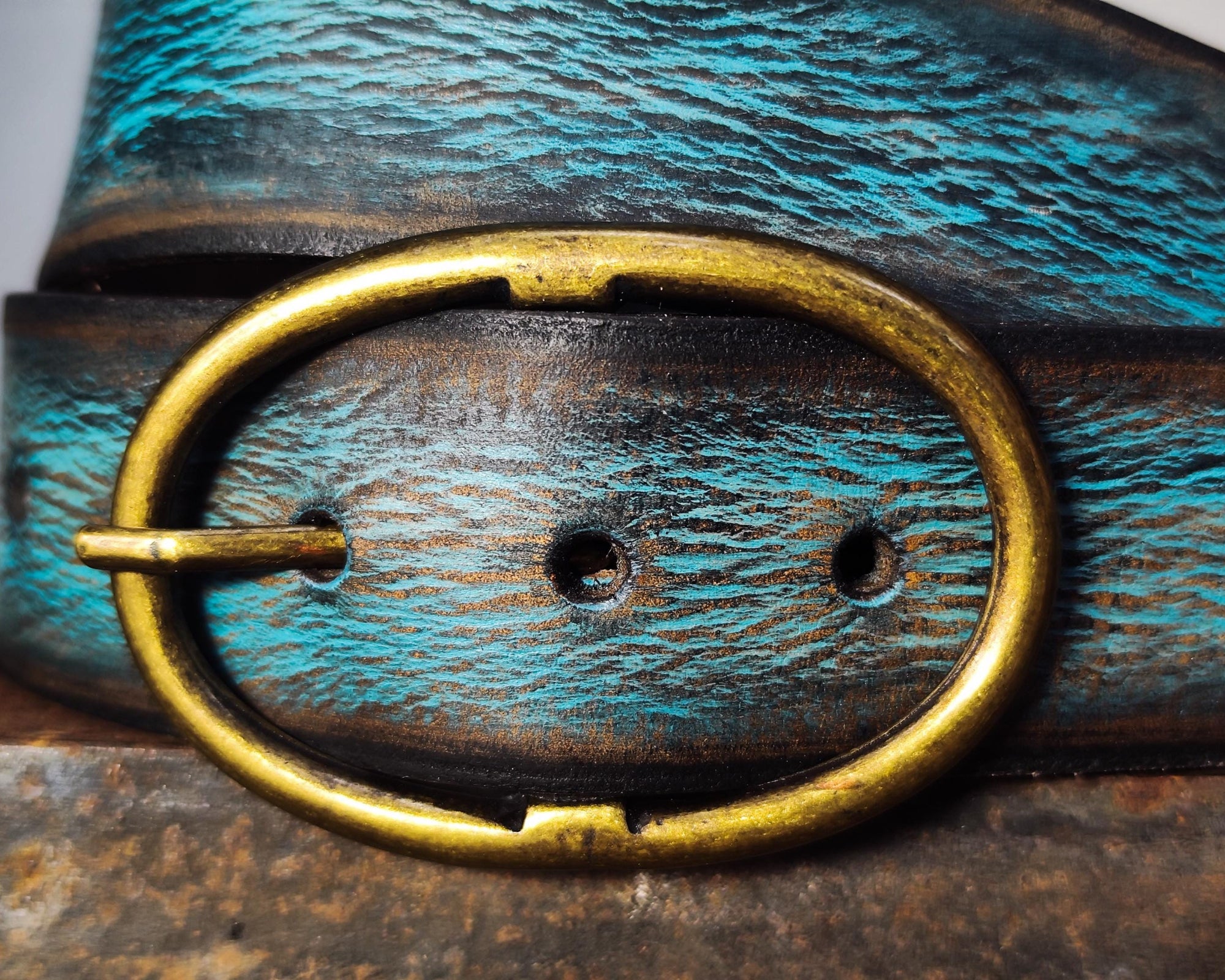 Handmade Distressed Turquoise Leather Belt | Vintage Style Blue Jeans Belt for Men & Women | Rustic Full Grain Leather Strap | Antique Brass