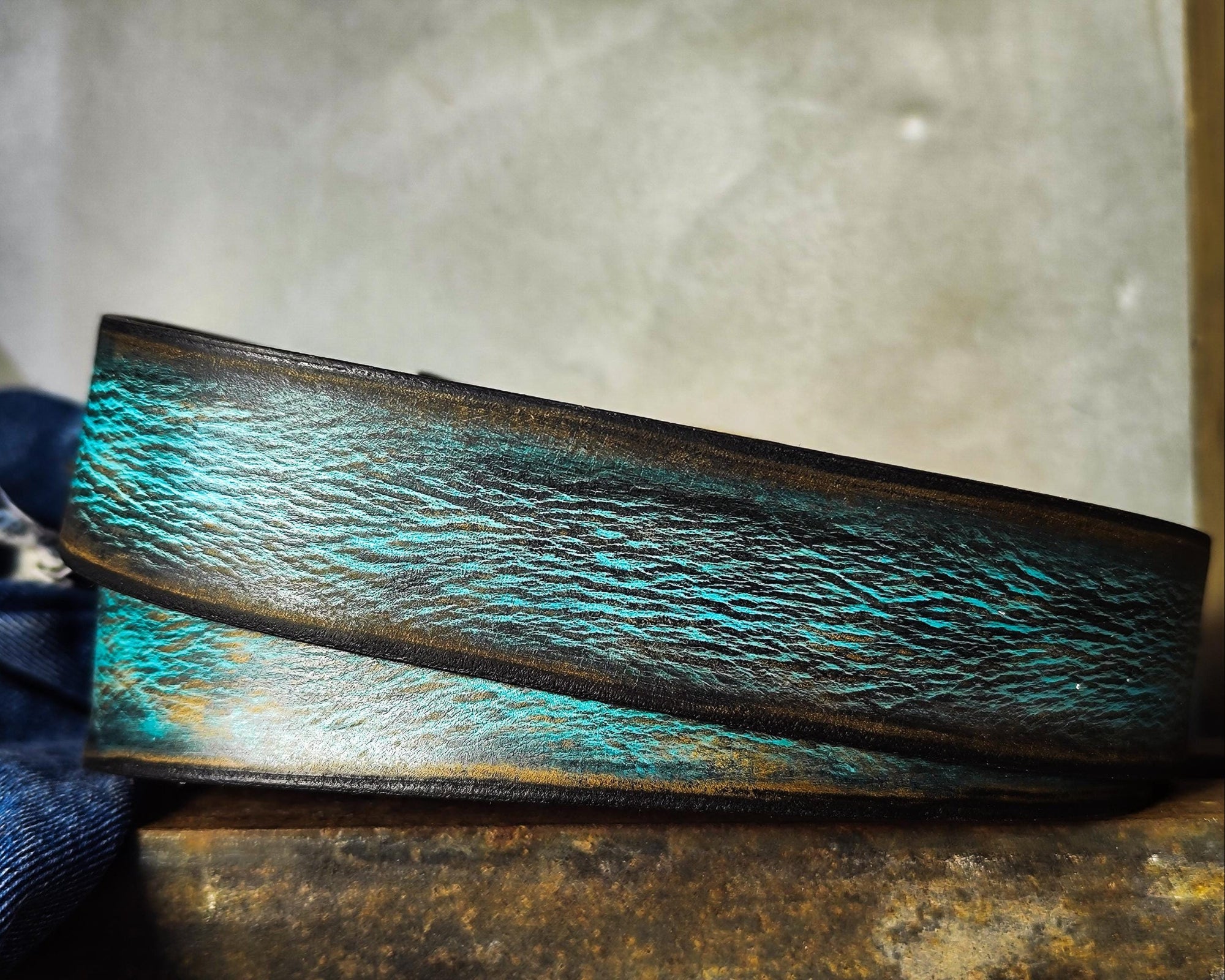 Handmade Distressed Turquoise Leather Belt | Vintage Style Blue Jeans Belt for Men & Women | Rustic Full Grain Leather Strap | Antique Brass