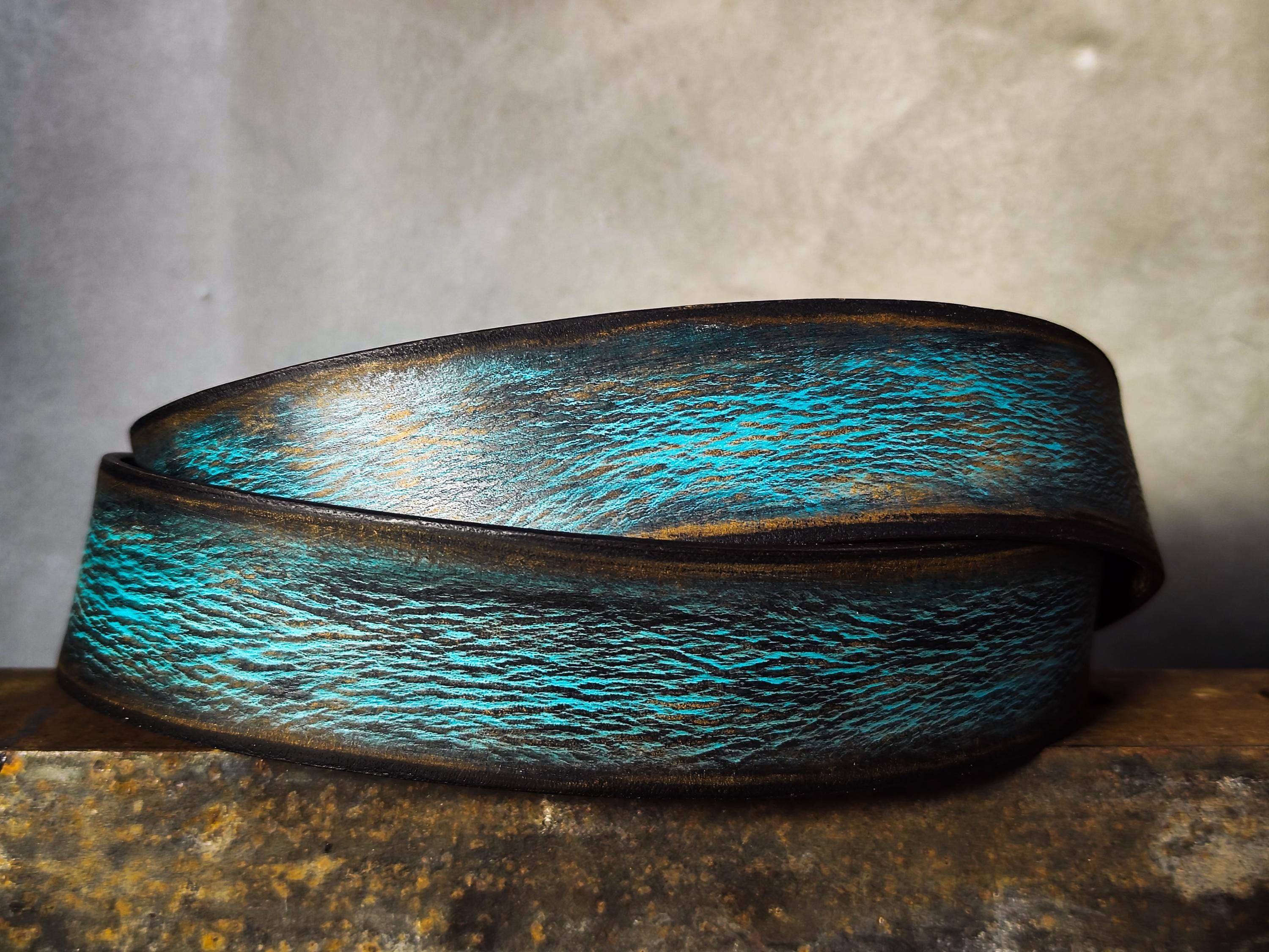 Handmade Distressed Turquoise Leather Belt | Vintage Style Blue Jeans Belt for Men & Women | Rustic Full Grain Leather Strap | Antique Brass