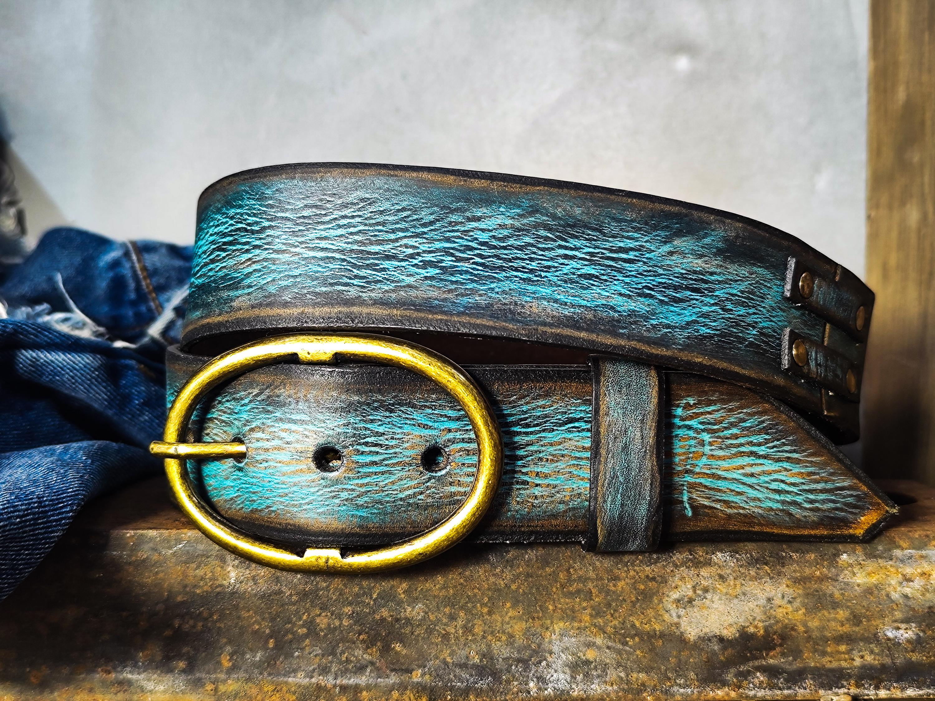 Handmade Distressed Turquoise Leather Belt | Vintage Style Blue Jeans Belt for Men & Women | Rustic Full Grain Leather Strap | Antique Brass