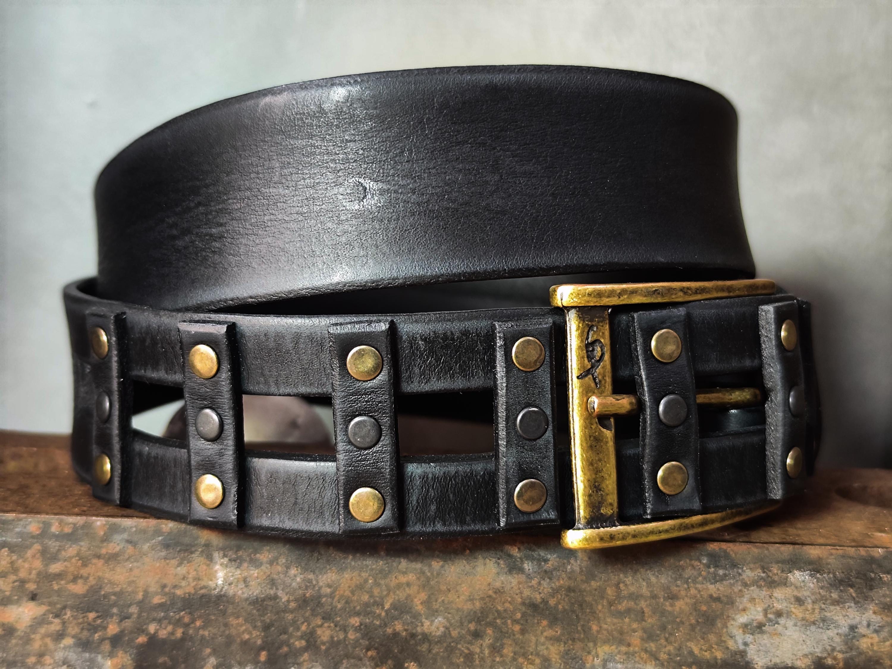 Black Leather Studded Belt – Handmade Full Grain Leather Belt with Metal Rivets – Statement Belt