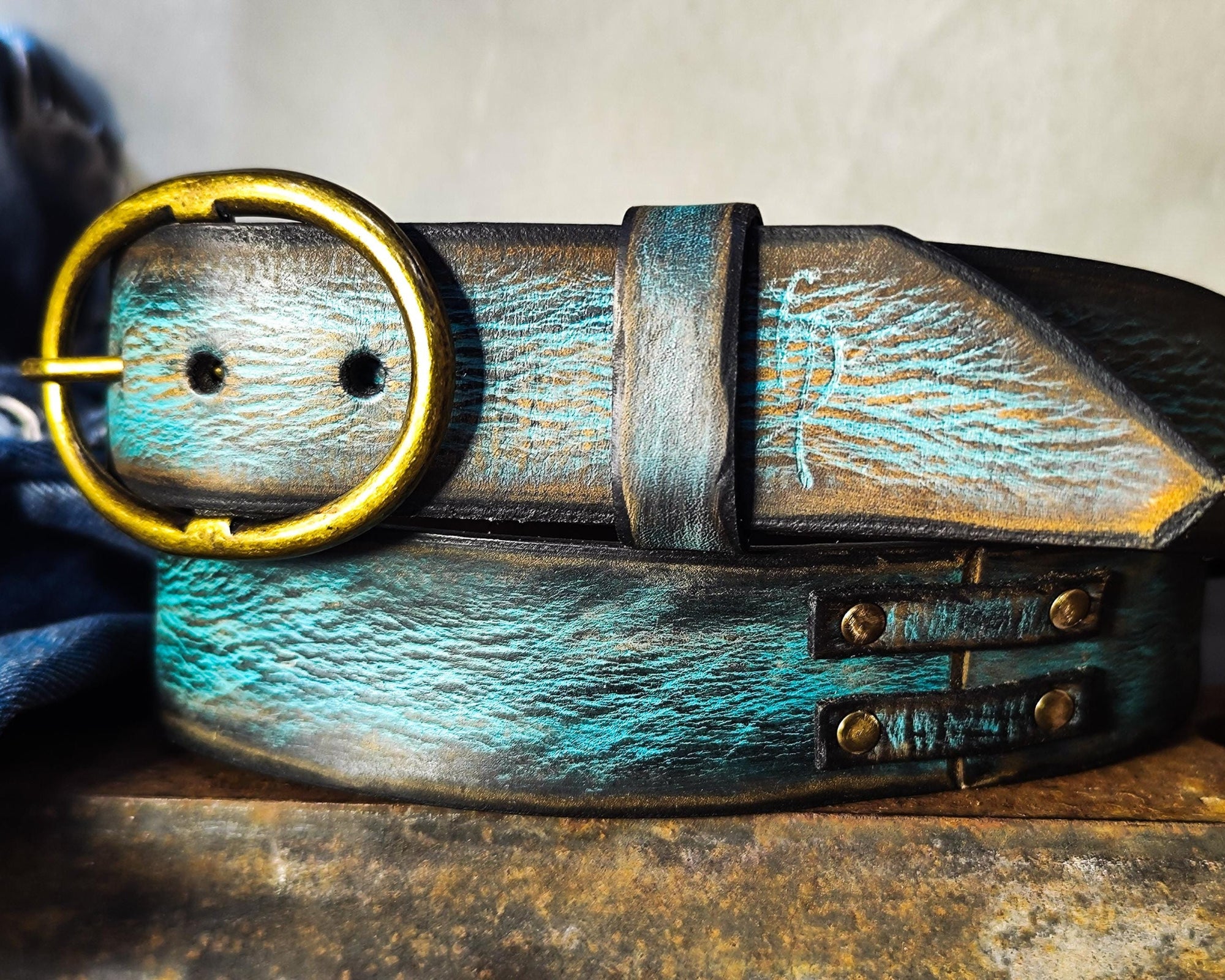 Handmade Distressed Turquoise Leather Belt | Vintage Style Blue Jeans Belt for Men & Women | Rustic Full Grain Leather Strap | Antique Brass