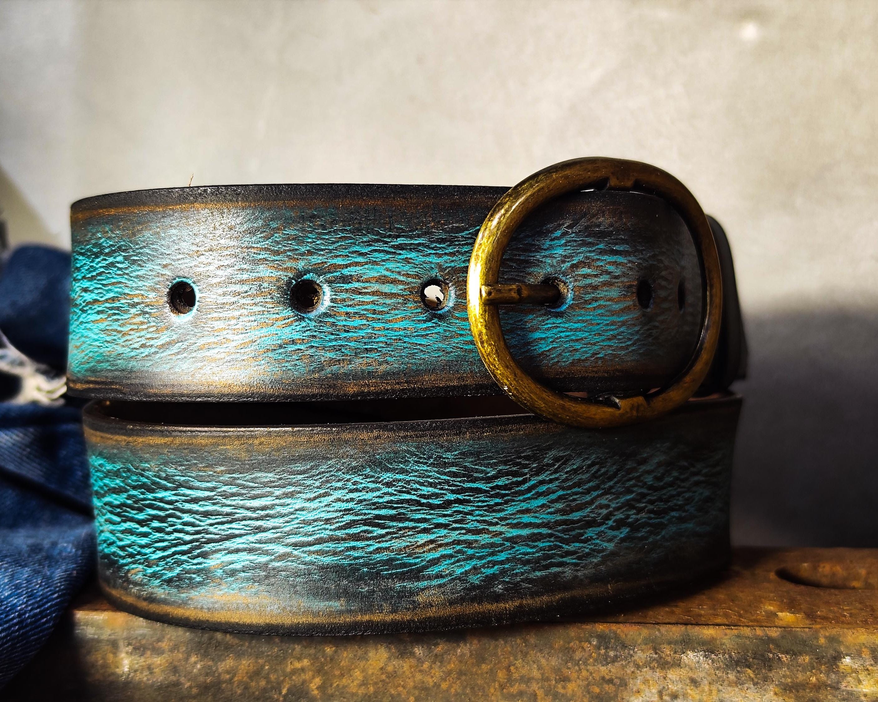 Handmade Distressed Turquoise Leather Belt | Vintage Style Blue Jeans Belt for Men & Women | Rustic Full Grain Leather Strap | Antique Brass