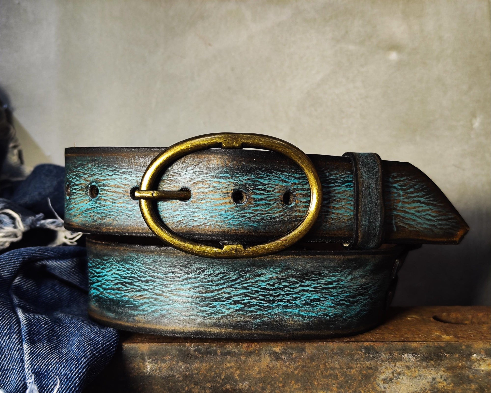 Handmade Distressed Turquoise Leather Belt | Vintage Style Blue Jeans Belt for Men & Women | Rustic Full Grain Leather Strap | Antique Brass