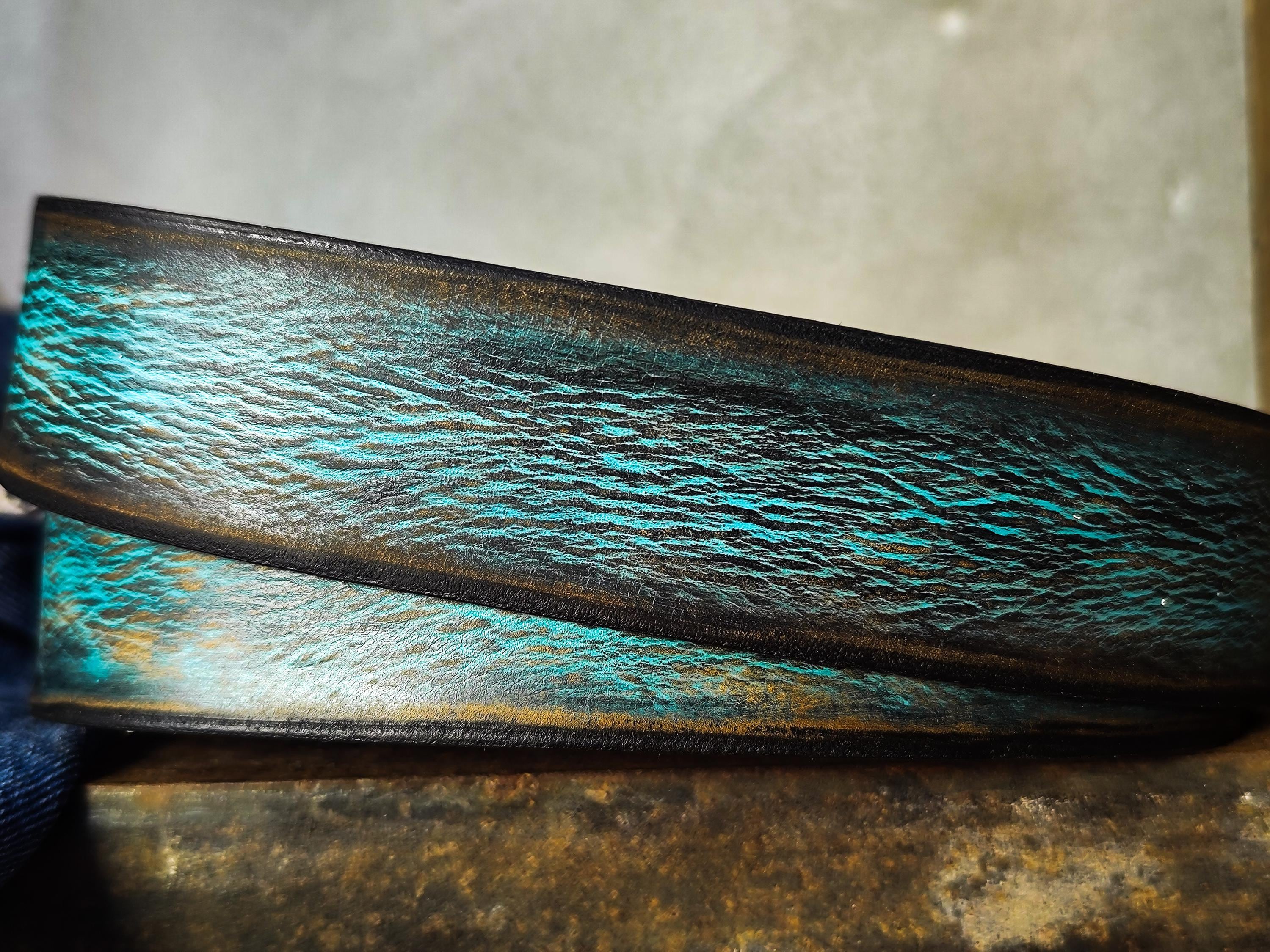 Handmade Distressed Turquoise Leather Belt | Vintage Style Blue Jeans Belt for Men & Women | Rustic Full Grain Leather Strap | Antique Brass