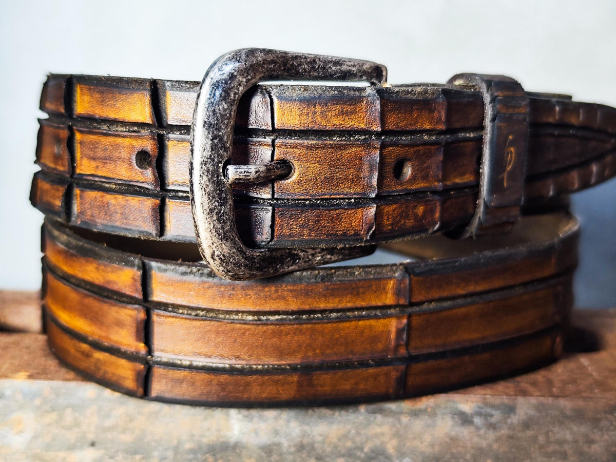Handmade Brown Leather Crocodile Belt - Textured Design