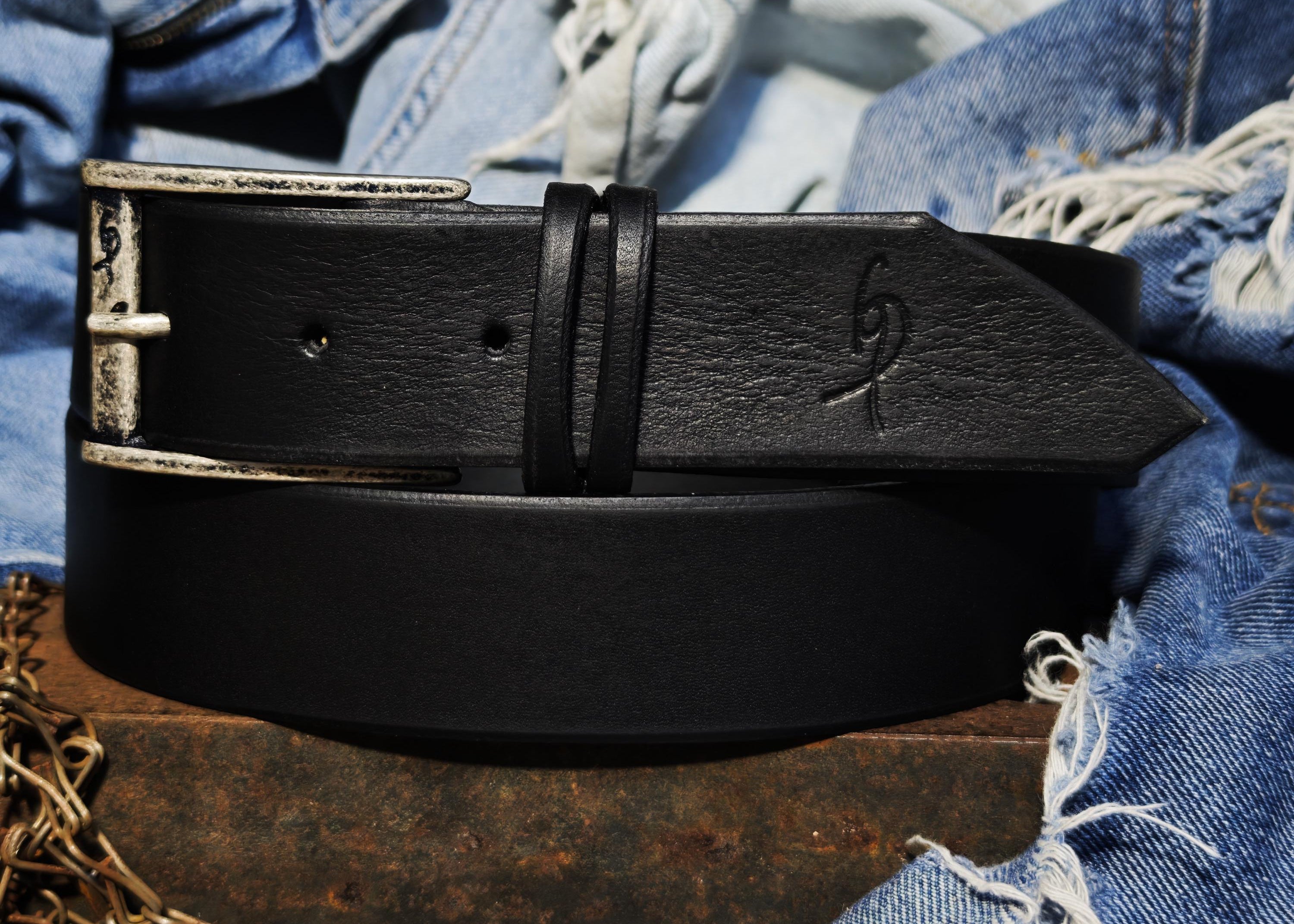 Black Leather Mens Belt with Silver Buckle and Personalization Option