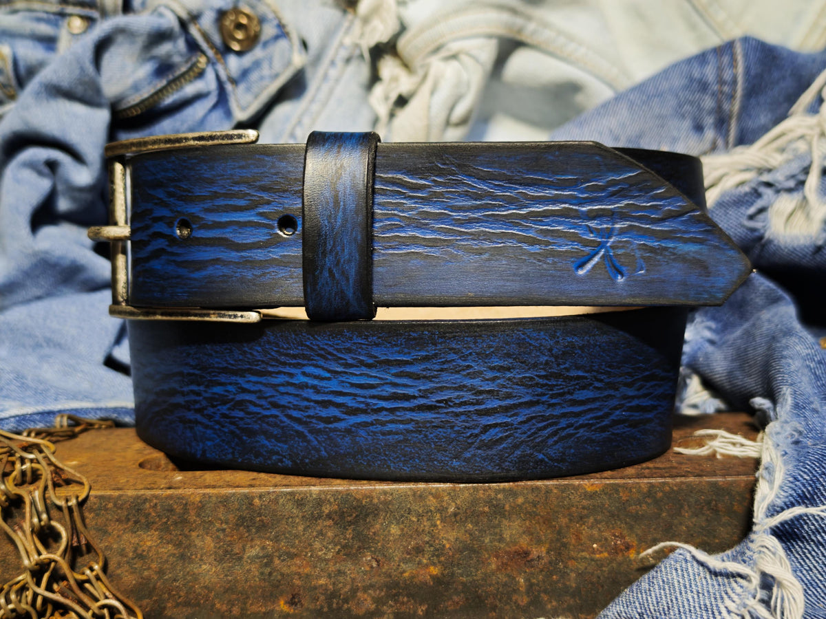 Hand-Dyed Leather Belt, Deep Blue Wave Texture, Men's Jeans Waistband