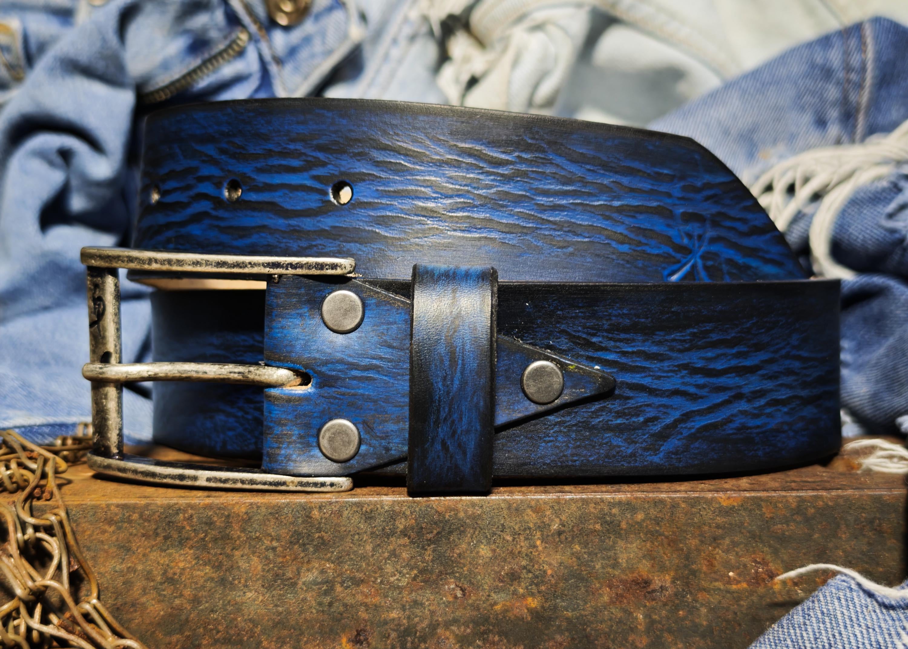 Hand-Dyed Leather Belt, Deep Blue Wave Texture, Men's Jeans Waistband
