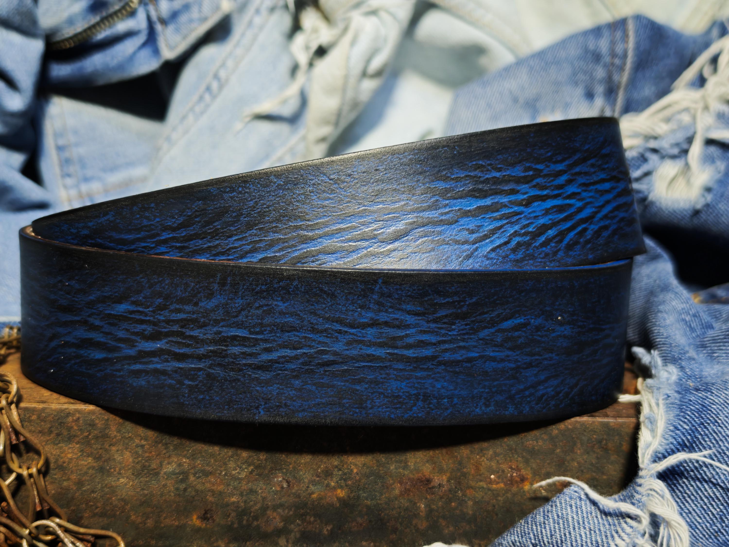 Hand-Dyed Leather Belt, Deep Blue Wave Texture, Men's Jeans Waistband