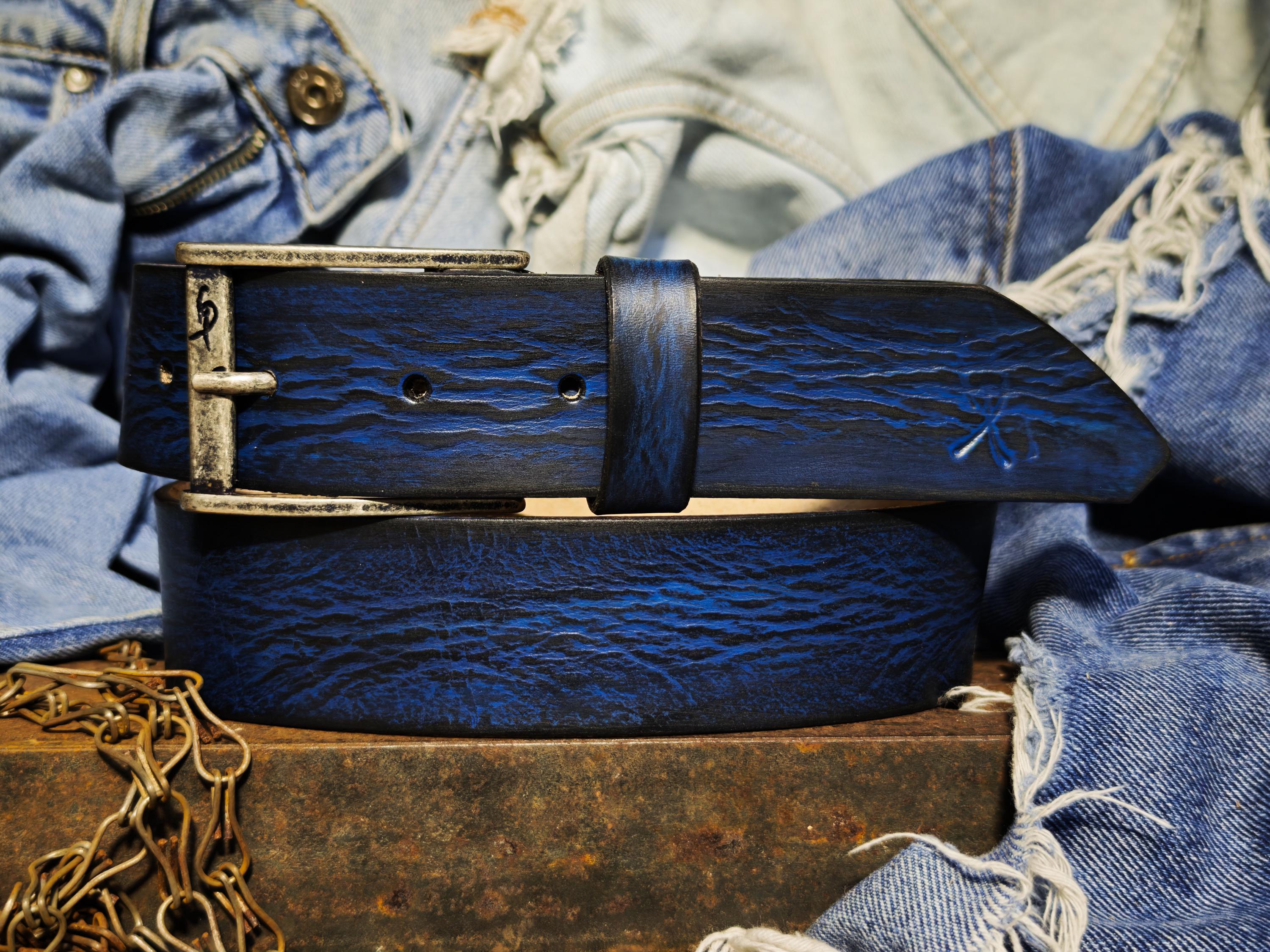 Hand-Dyed Leather Belt, Deep Blue Wave Texture, Men's Jeans Waistband