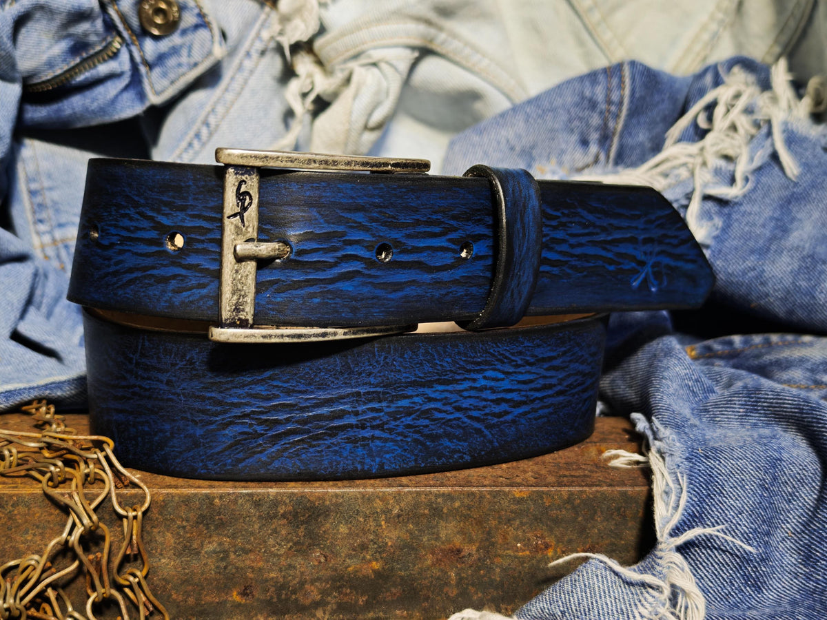 Hand-Dyed Leather Belt, Deep Blue Wave Texture, Men's Jeans Waistband