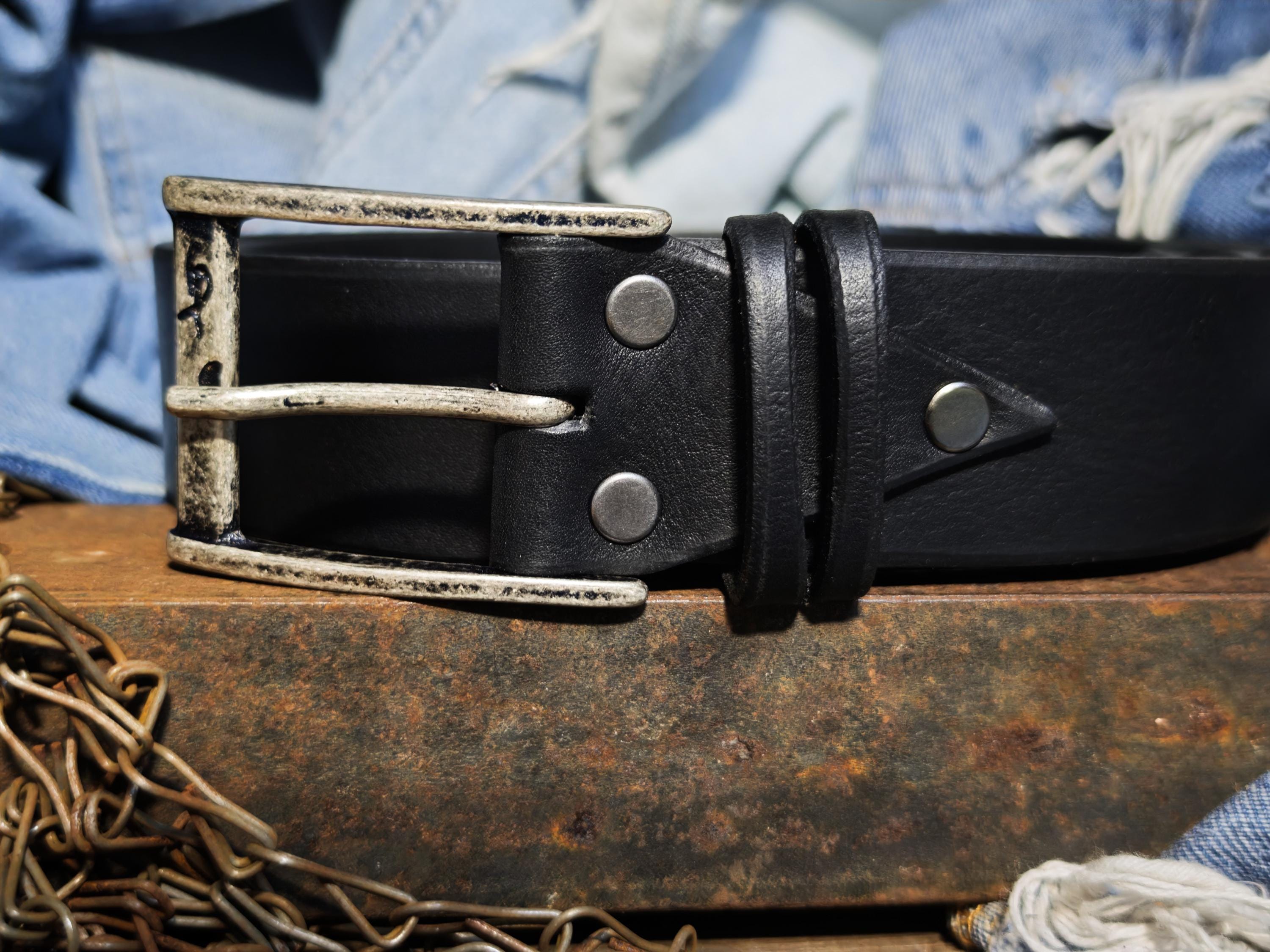 Black Leather Mens Belt with Silver Buckle and Personalization Option