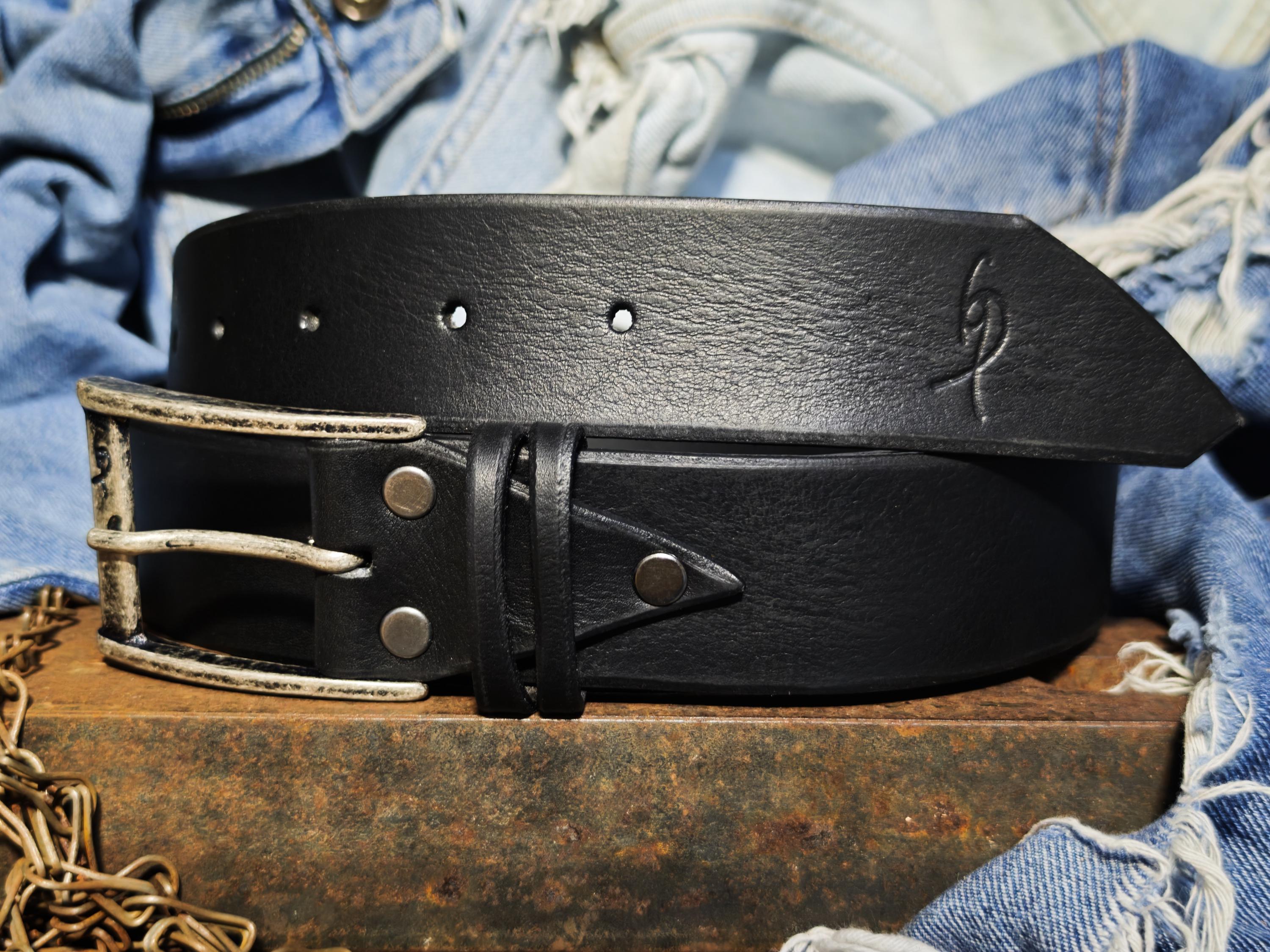 Black Leather Mens Belt with Silver Buckle and Personalization Option