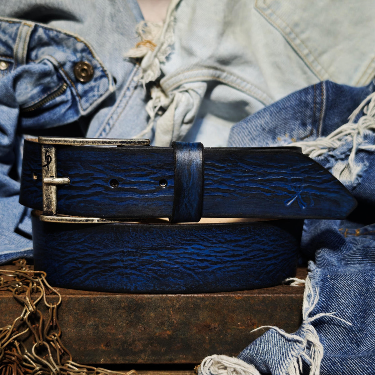 Hand-Dyed Leather Belt, Deep Blue Wave Texture, Men's Jeans Waistband