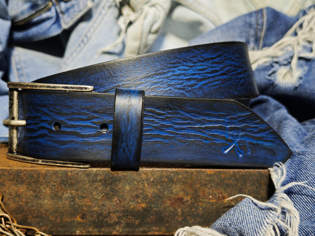 Hand-Dyed Leather Belt, Deep Blue Wave Texture, Men's Jeans Waistband