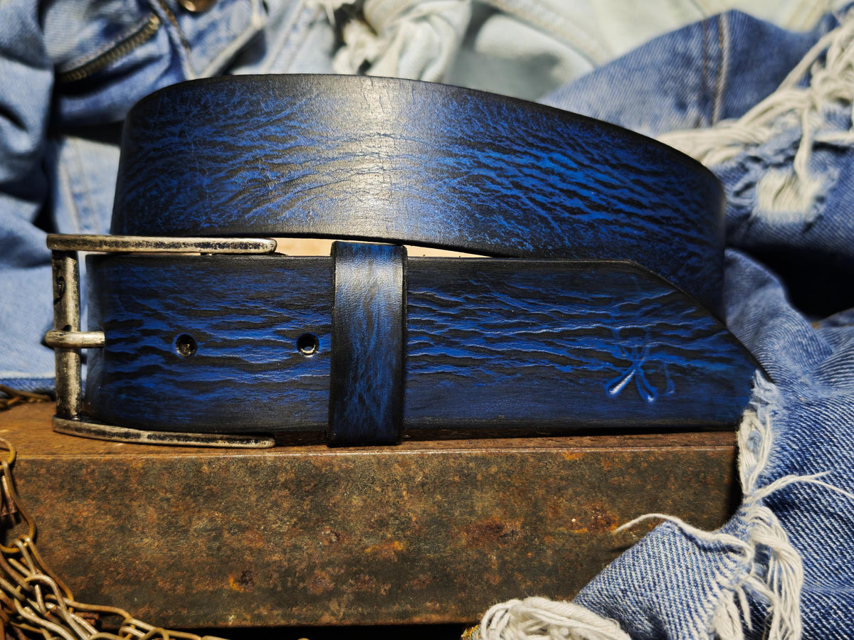 Hand-Dyed Leather Belt, Deep Blue Wave Texture, Men's Jeans Waistband