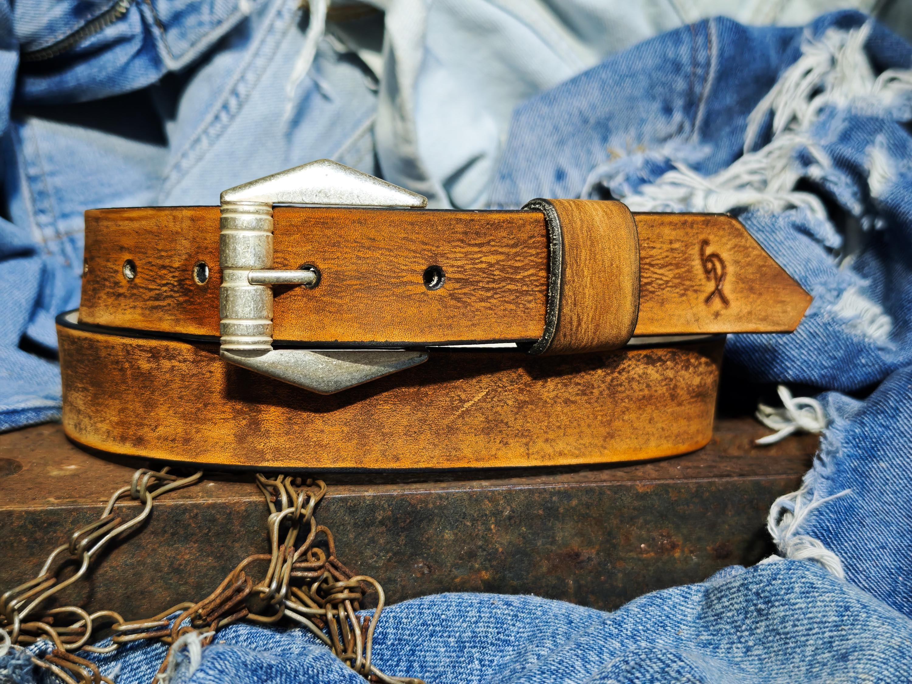 Slim Brown Vintage Leather Belt for Women 2.8 cm Handmade with silver design Buckle