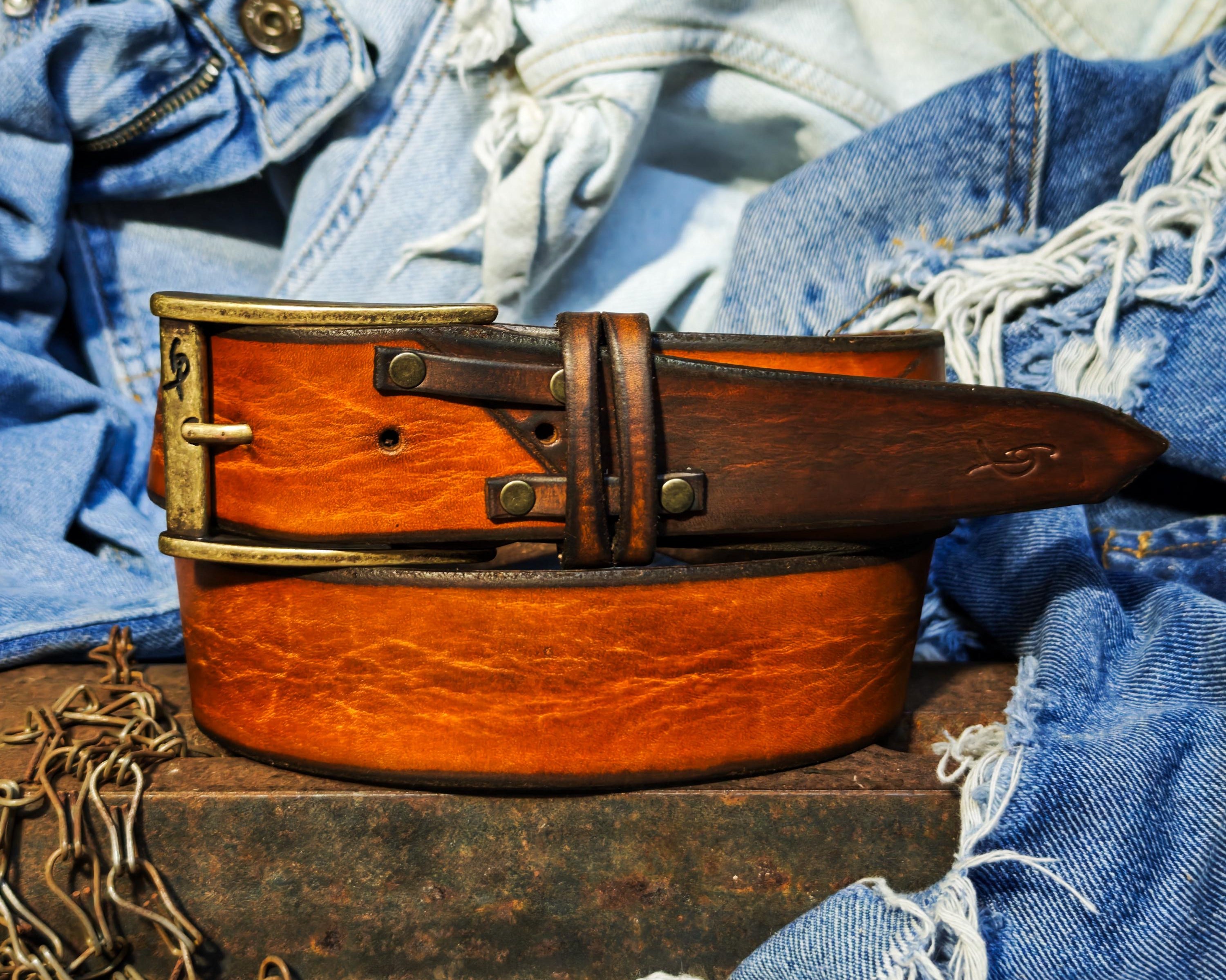 Handmade Two-Piece Brown Leather Belt Unique Two-Tone Design 4.2cm Width Versatile Statement Belt ISHAOR Original