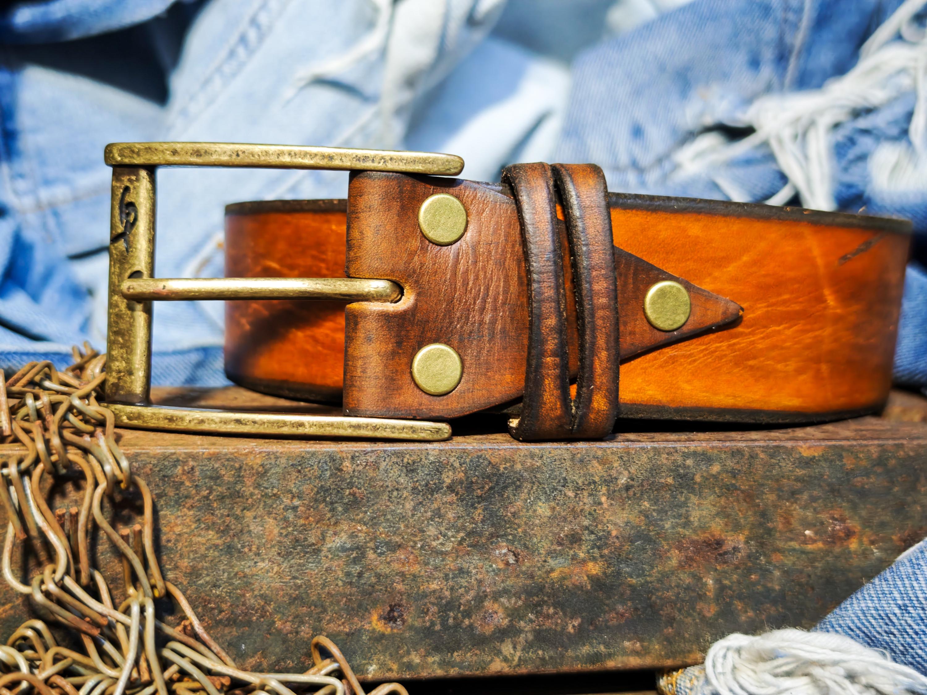 Handmade Two-Piece Brown Leather Belt Unique Two-Tone Design 4.2cm Width Versatile Statement Belt ISHAOR Original