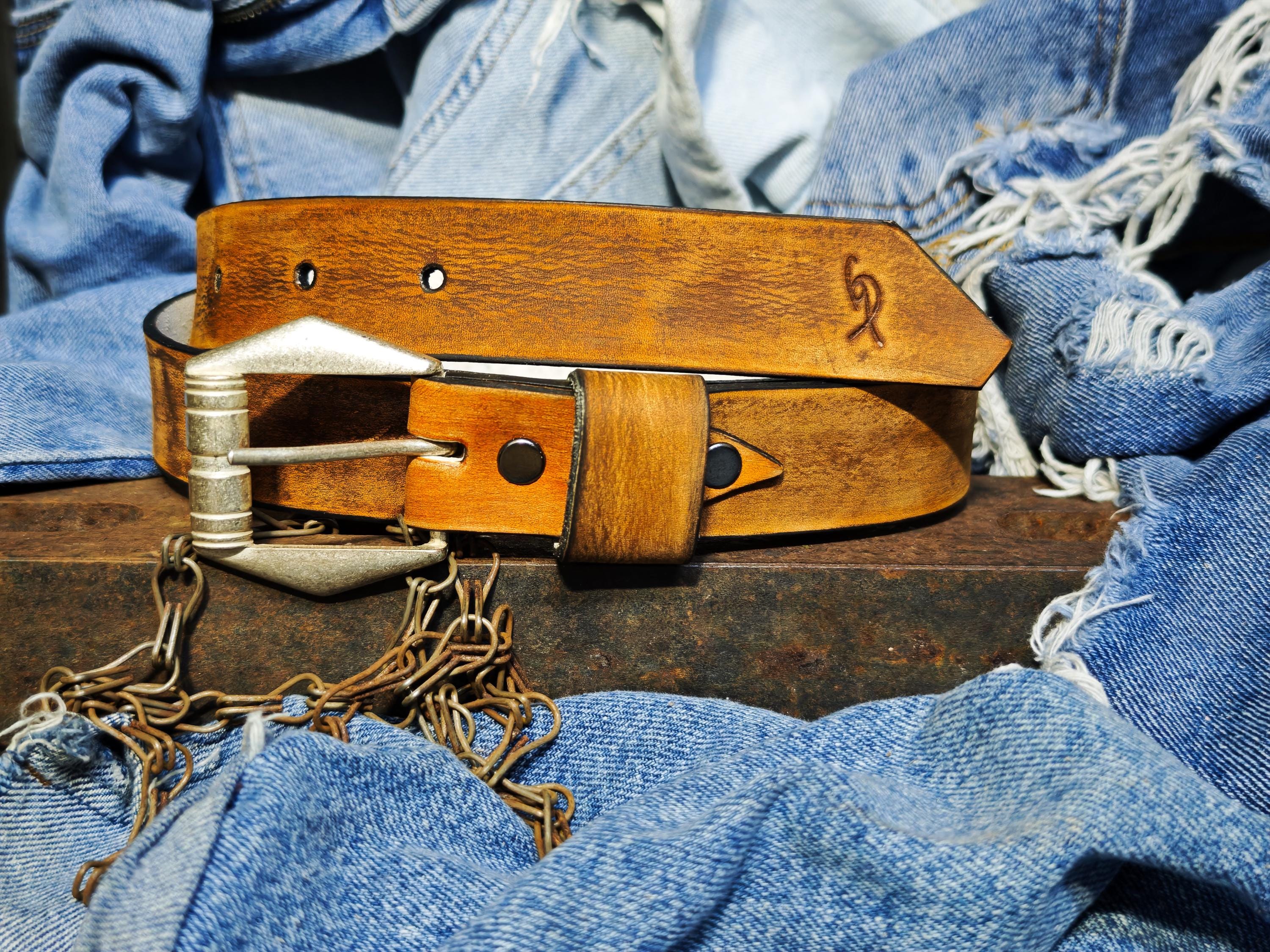 Slim Brown Vintage Leather Belt for Women 2.8 cm Handmade with silver design Buckle