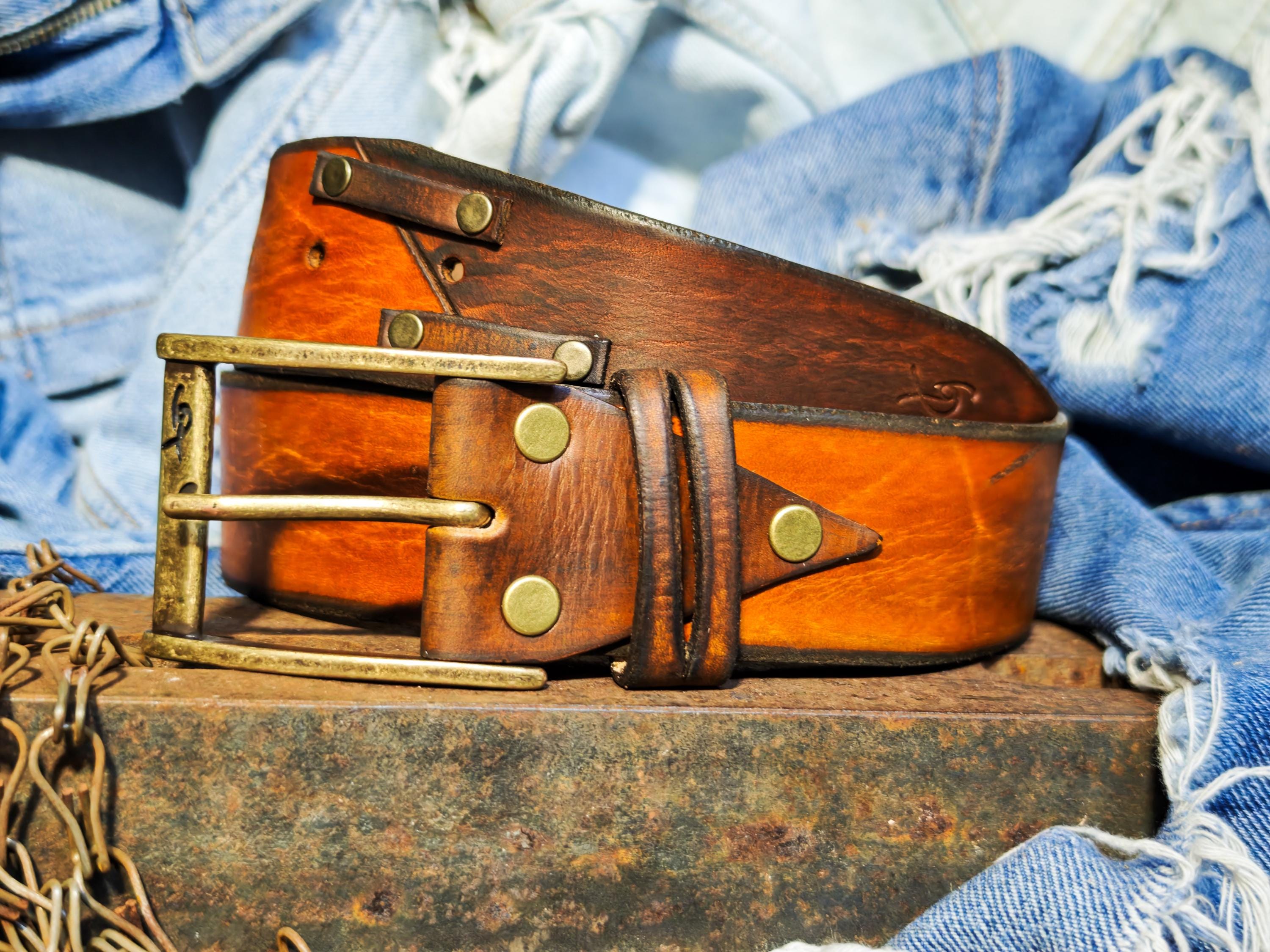Handmade Two-Piece Brown Leather Belt Unique Two-Tone Design 4.2cm Width Versatile Statement Belt ISHAOR Original