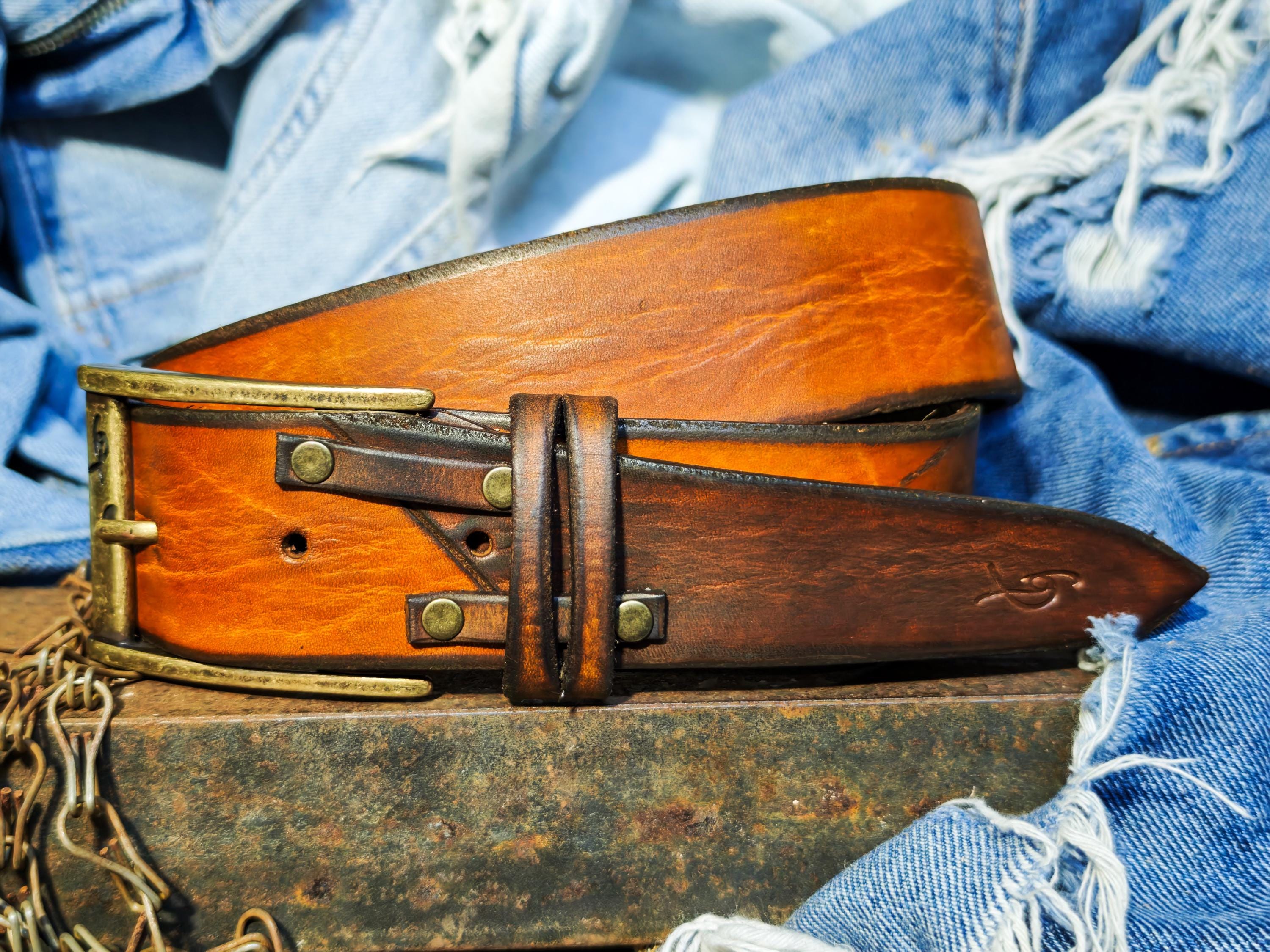 Handmade Two-Piece Brown Leather Belt Unique Two-Tone Design 4.2cm Width Versatile Statement Belt ISHAOR Original