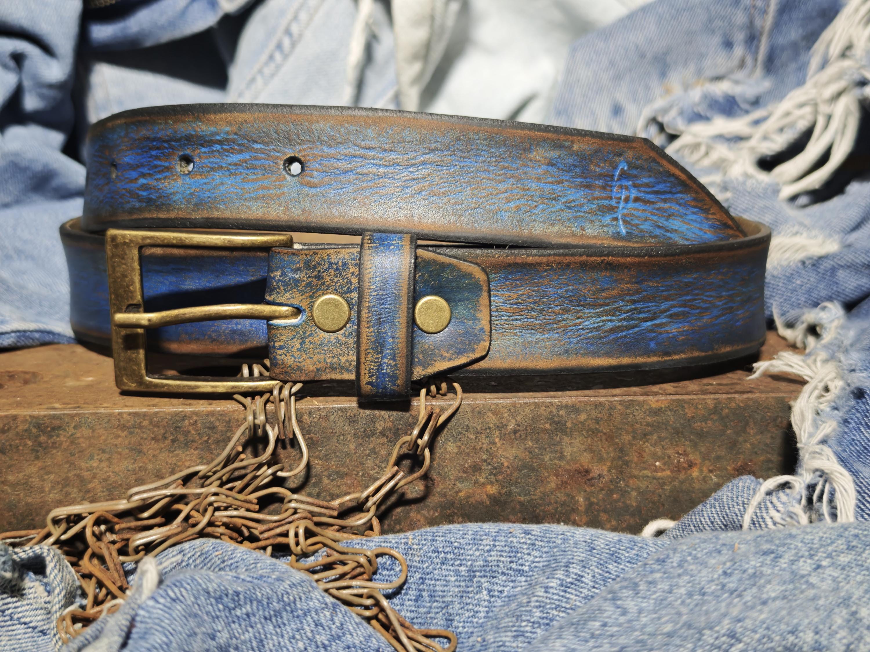 Men's Blue Leather Belt, Vintage Style, Custom Full Grain Leather