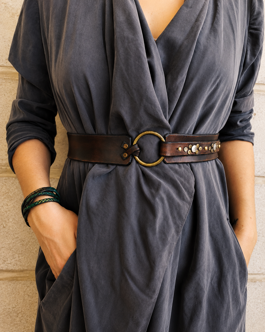 Women's Brown Leather Belt With Gold Color Ring Without a Buckle.