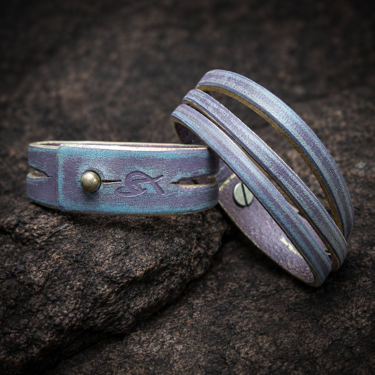 Women's Genuine Leather Cuff Bracelet - Light Purple and Light Blue Color