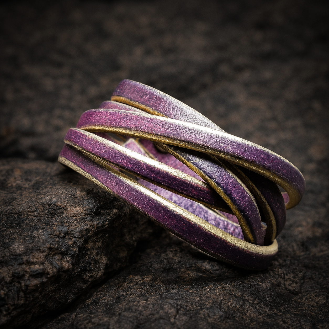 Women's Leather Cuff Bracelet - Purple and Gold Color