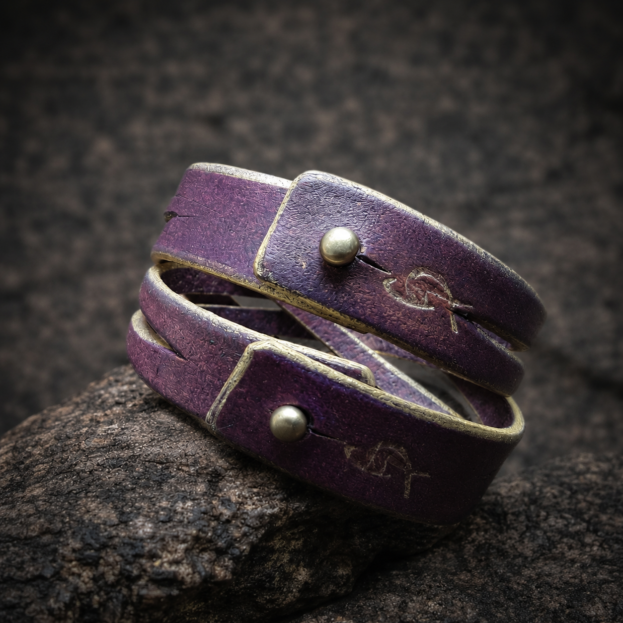 Women's Leather Cuff Bracelet - Purple and Gold Color